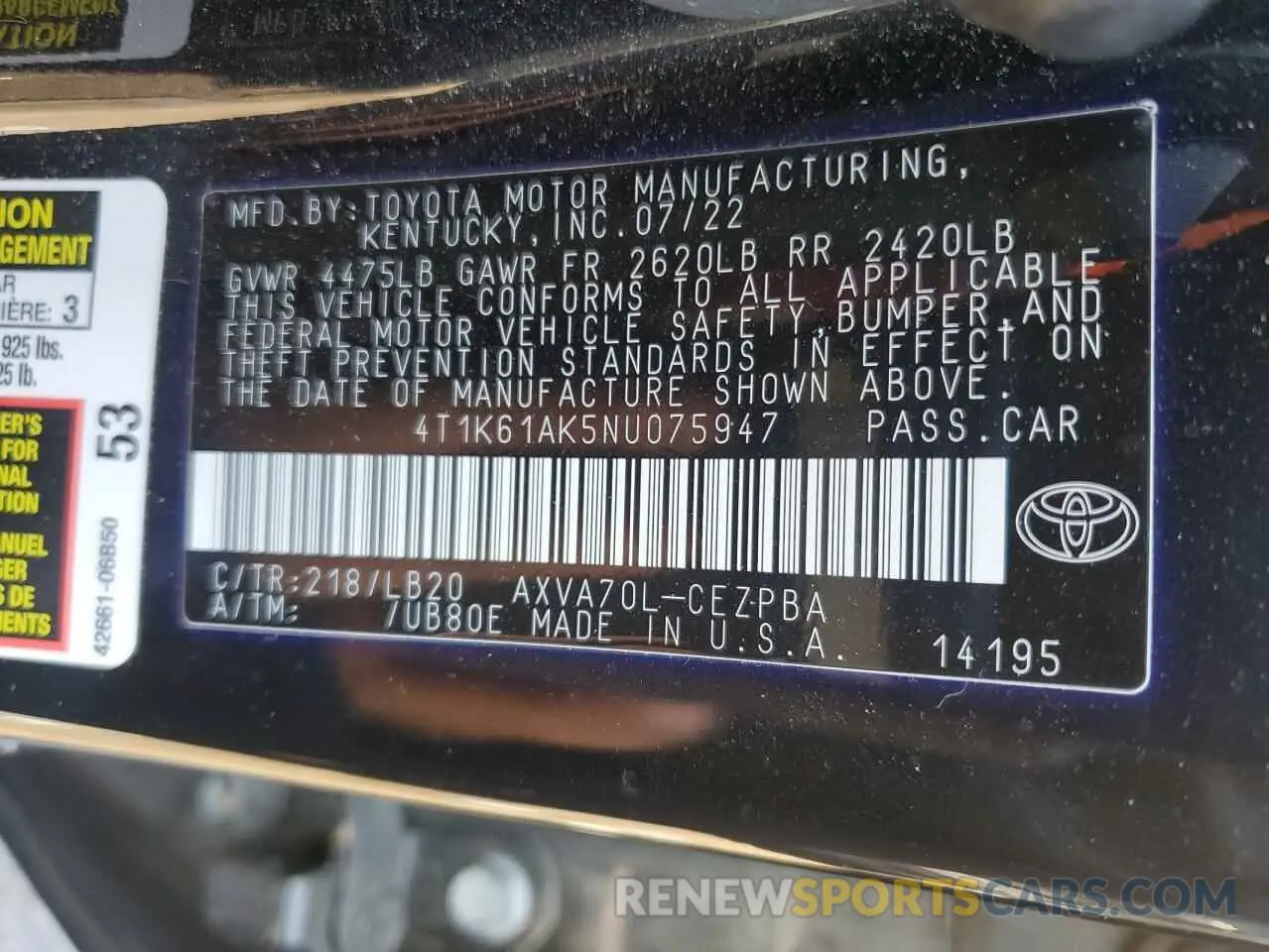 12 Photograph of a damaged car 4T1K61AK5NU075947 TOYOTA CAMRY 2022