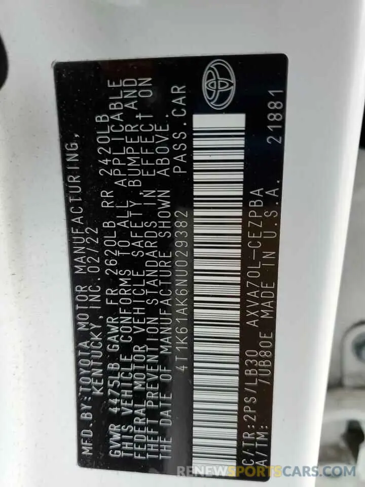 12 Photograph of a damaged car 4T1K61AK6NU029382 TOYOTA CAMRY 2022