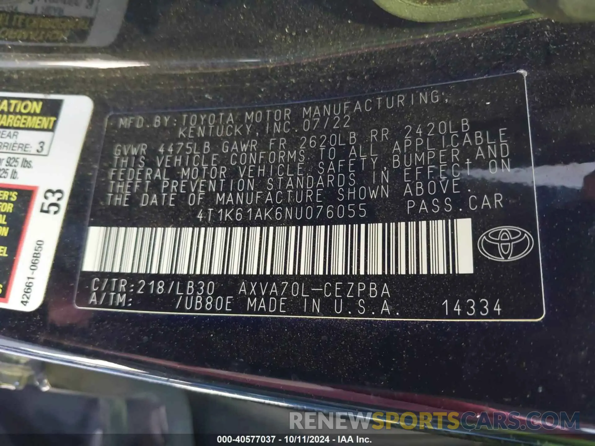 9 Photograph of a damaged car 4T1K61AK6NU076055 TOYOTA CAMRY 2022