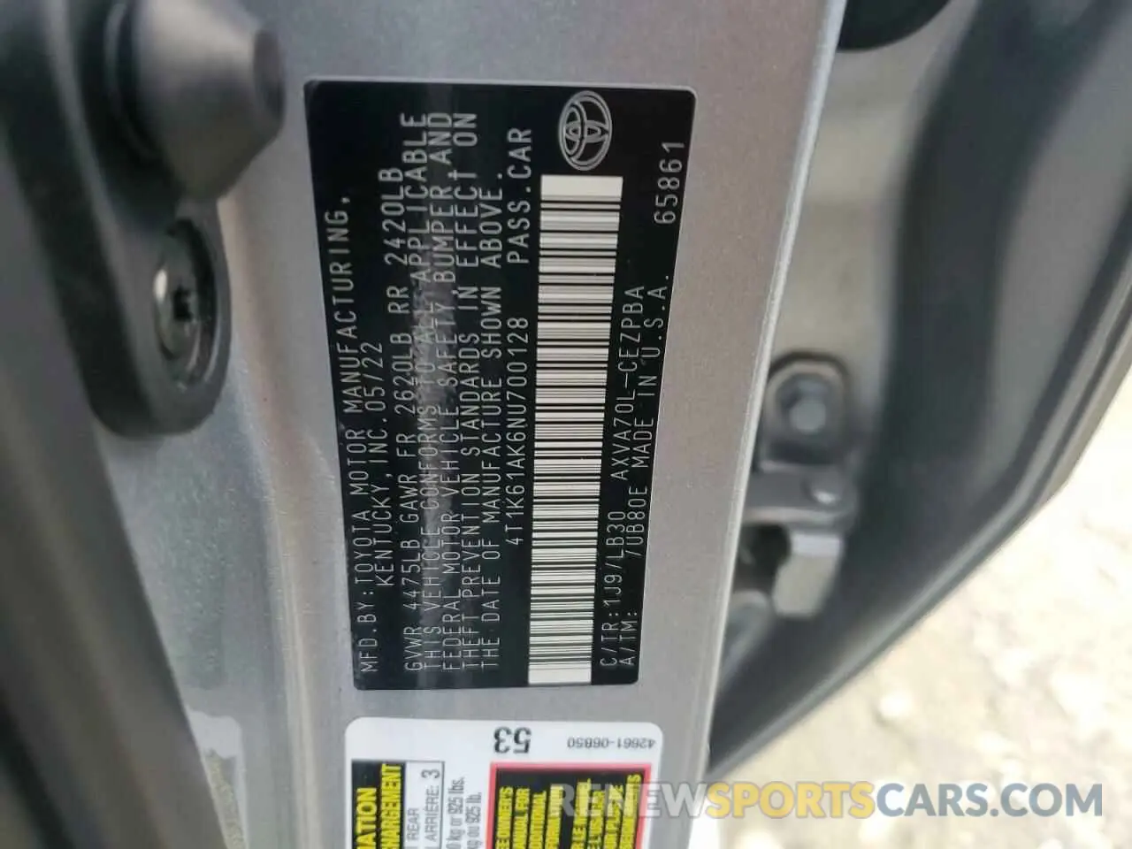 12 Photograph of a damaged car 4T1K61AK6NU700128 TOYOTA CAMRY 2022