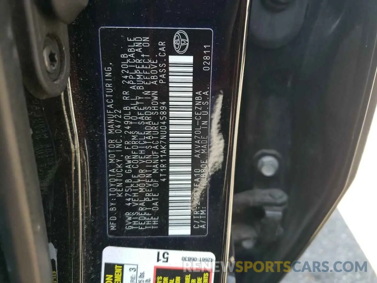 12 Photograph of a damaged car 4T1R11AK7NU045894 TOYOTA CAMRY 2022