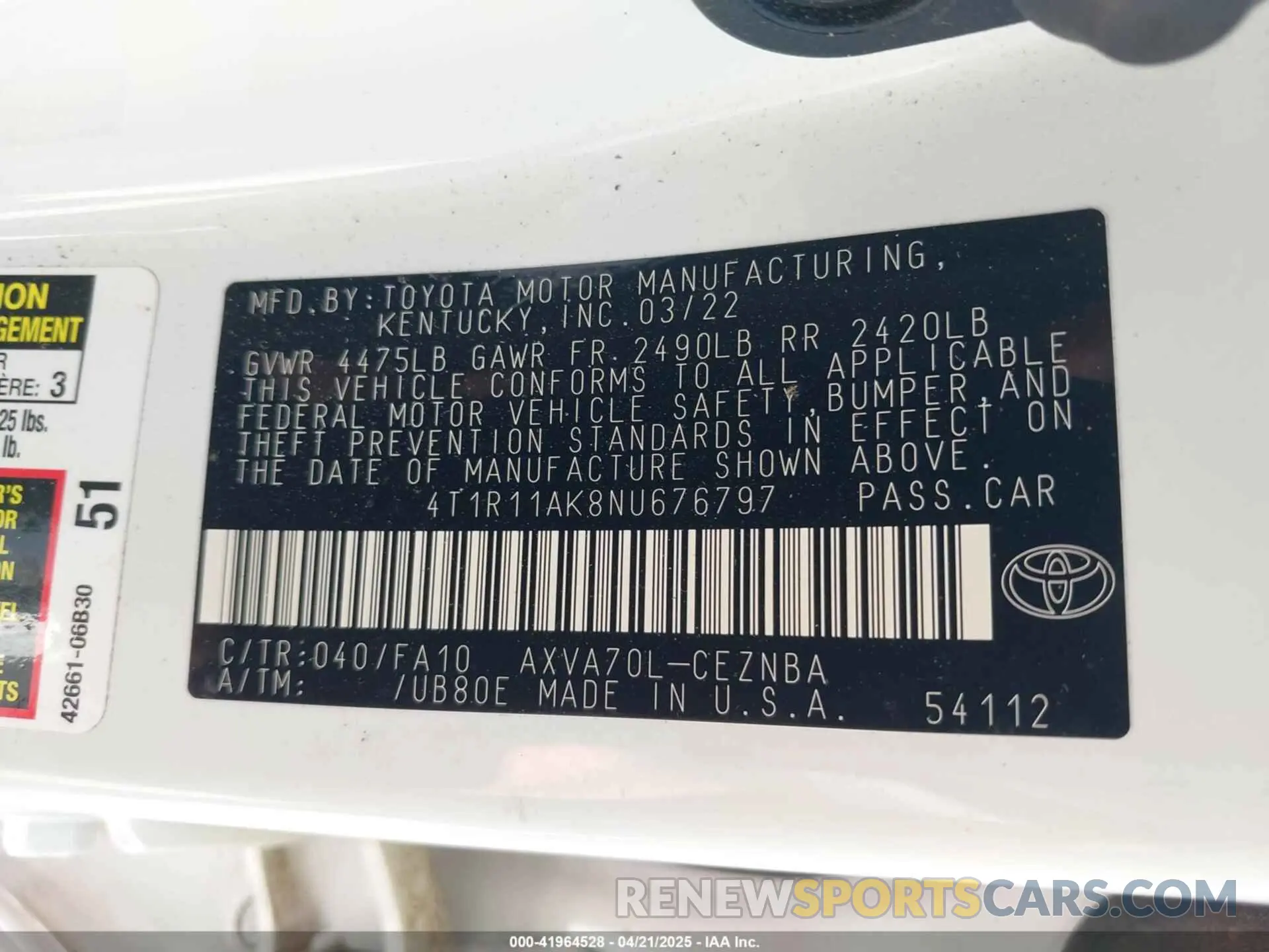 9 Photograph of a damaged car 4T1R11AK8NU676797 TOYOTA CAMRY 2022