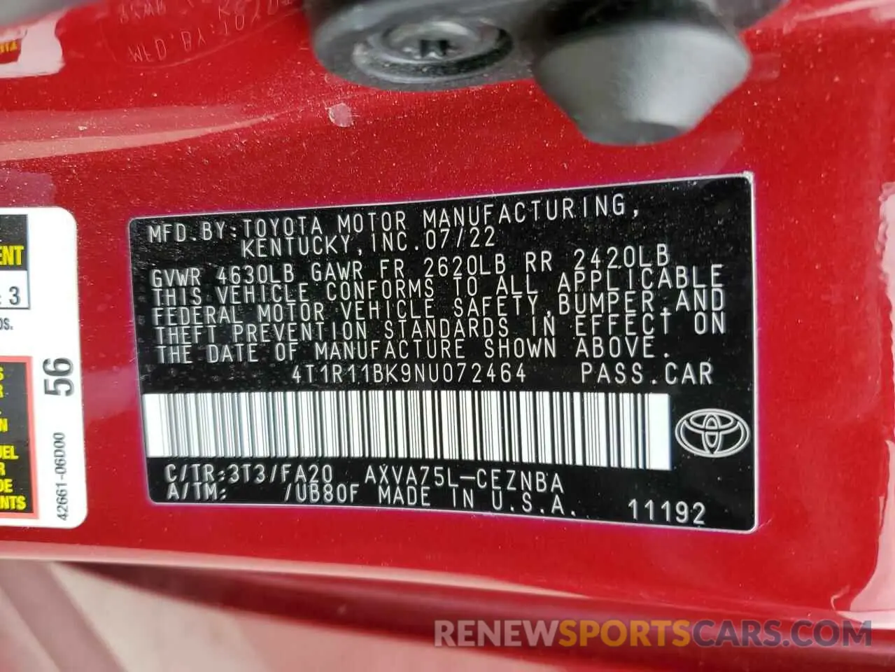 13 Photograph of a damaged car 4T1R11BK9NU072464 TOYOTA CAMRY 2022