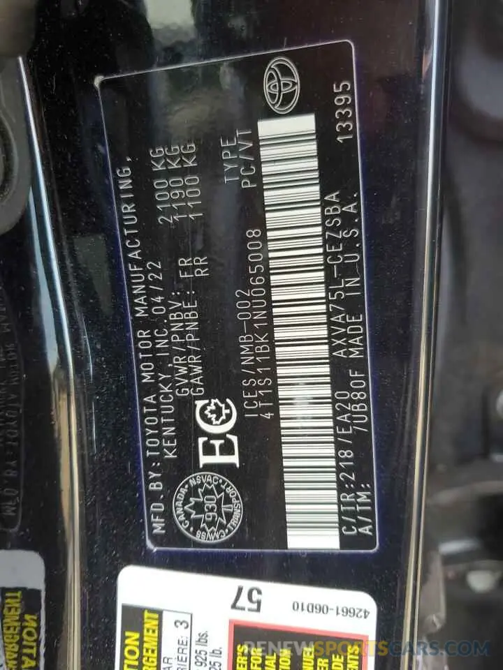 12 Photograph of a damaged car 4T1S11BK1NU065008 TOYOTA CAMRY 2022