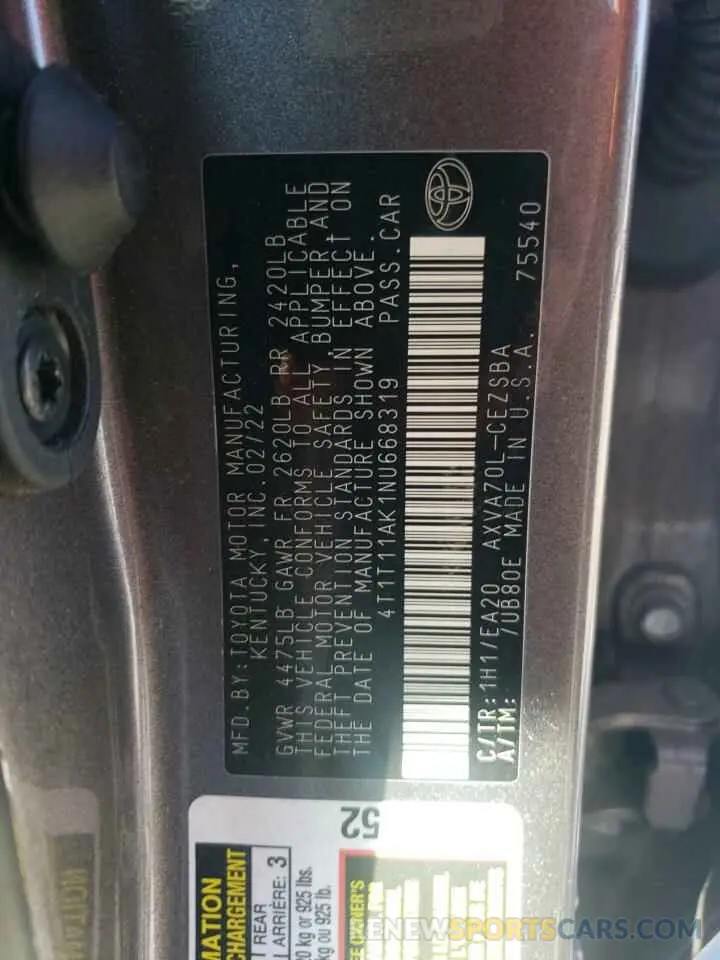 13 Photograph of a damaged car 4T1T11AK1NU668319 TOYOTA CAMRY 2022