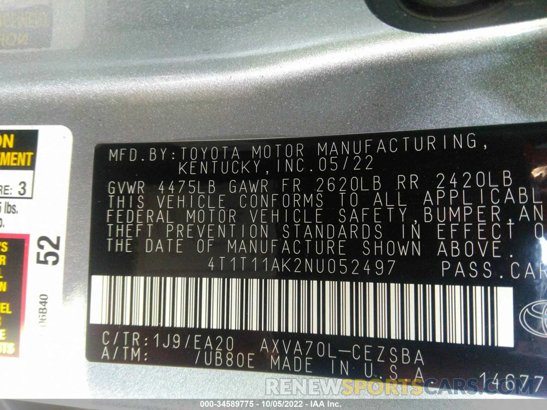 9 Photograph of a damaged car 4T1T11AK2NU052497 TOYOTA CAMRY 2022