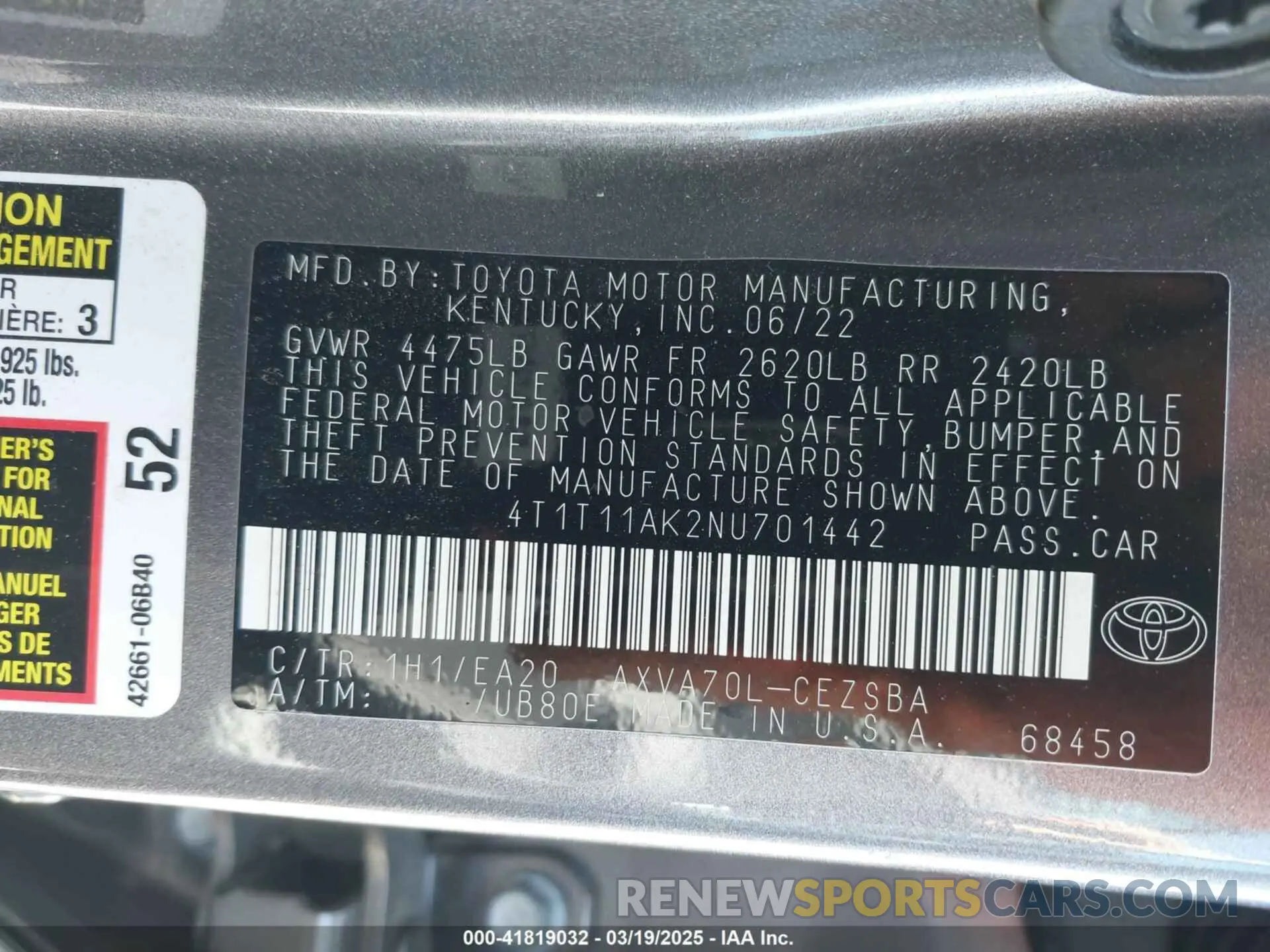 9 Photograph of a damaged car 4T1T11AK2NU701442 TOYOTA CAMRY 2022