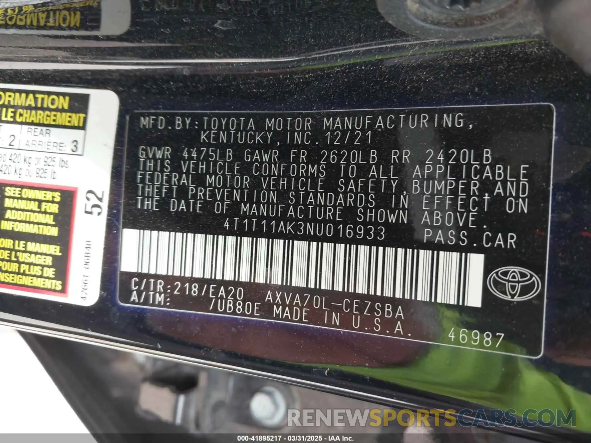 9 Photograph of a damaged car 4T1T11AK3NU016933 TOYOTA CAMRY 2022
