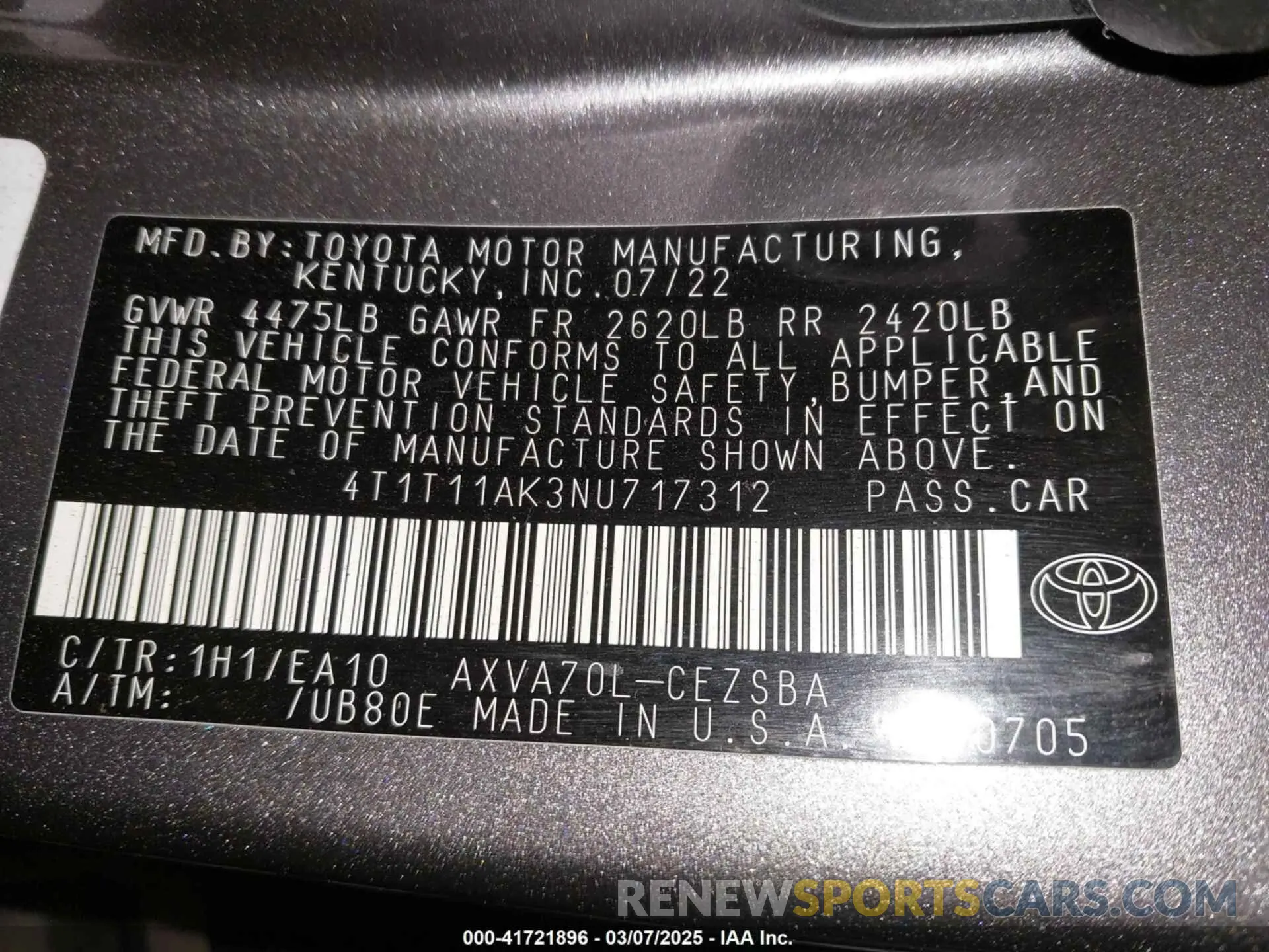9 Photograph of a damaged car 4T1T11AK3NU717312 TOYOTA CAMRY 2022