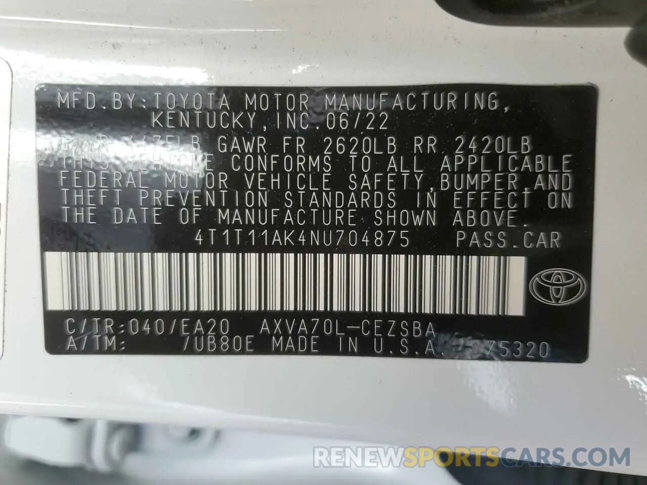 12 Photograph of a damaged car 4T1T11AK4NU704875 TOYOTA CAMRY 2022