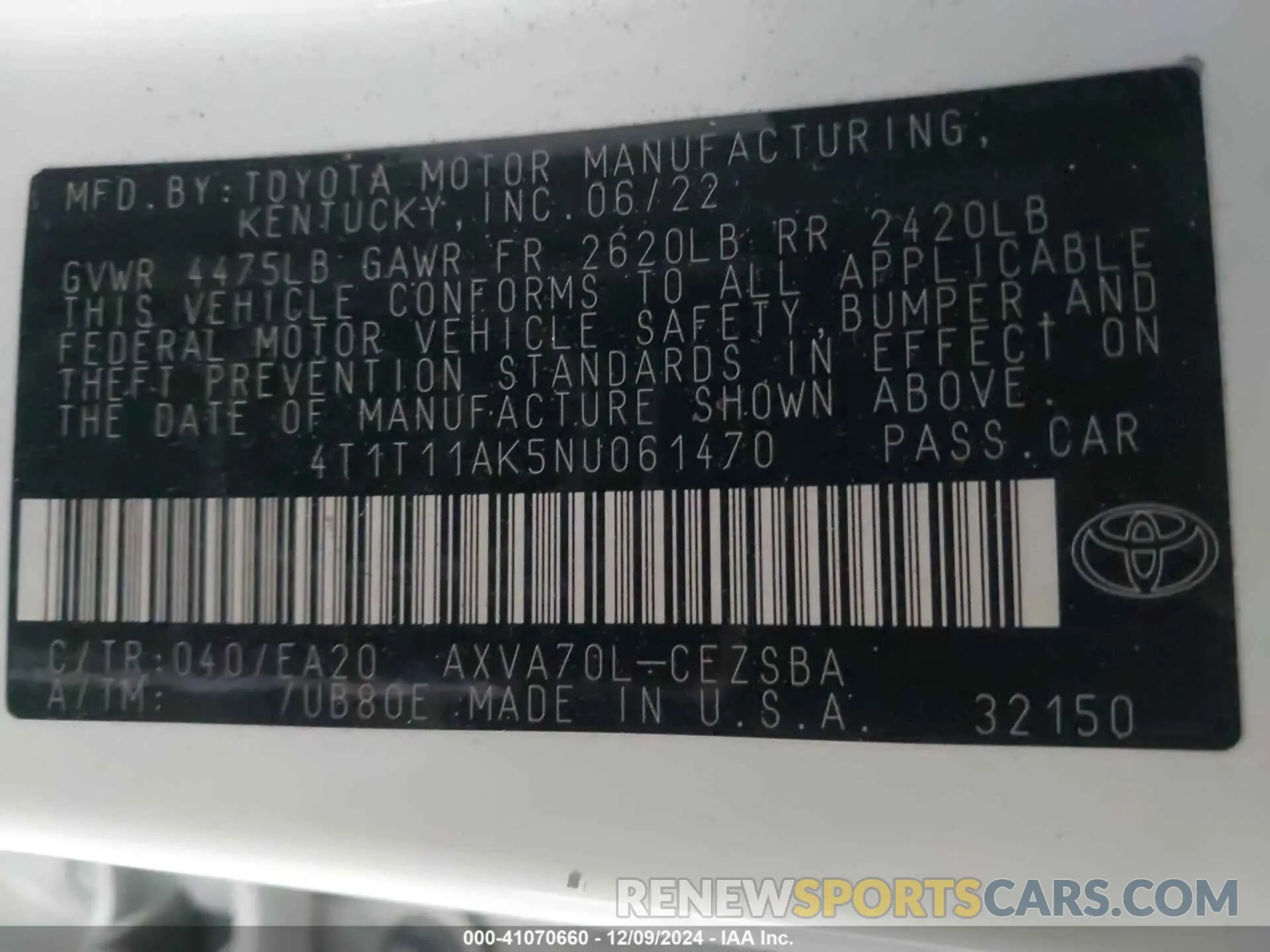 9 Photograph of a damaged car 4T1T11AK5NU061470 TOYOTA CAMRY 2022