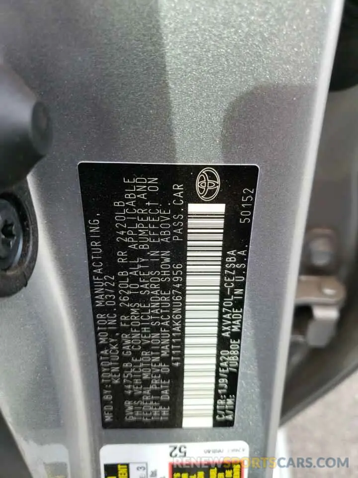 10 Photograph of a damaged car 4T1T11AK6NU674956 TOYOTA CAMRY 2022
