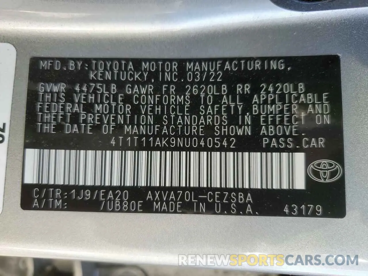 12 Photograph of a damaged car 4T1T11AK9NU040542 TOYOTA CAMRY 2022