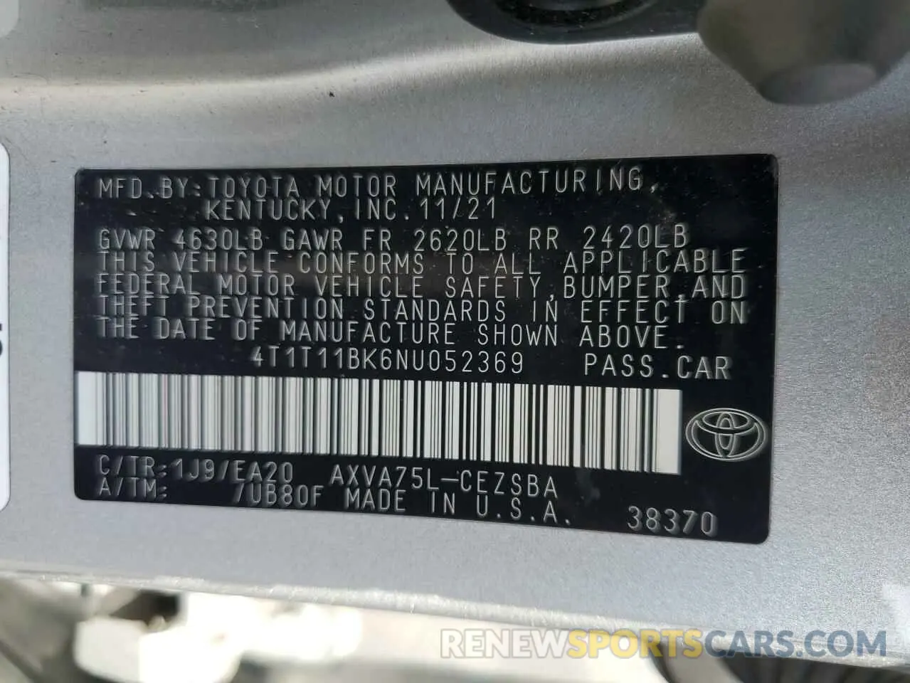 12 Photograph of a damaged car 4T1T11BK6NU052369 TOYOTA CAMRY 2022