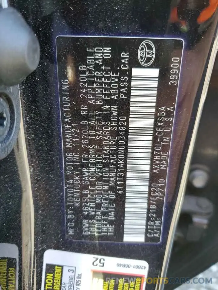 13 Photograph of a damaged car 4T1T31AK0NU034820 TOYOTA CAMRY 2022