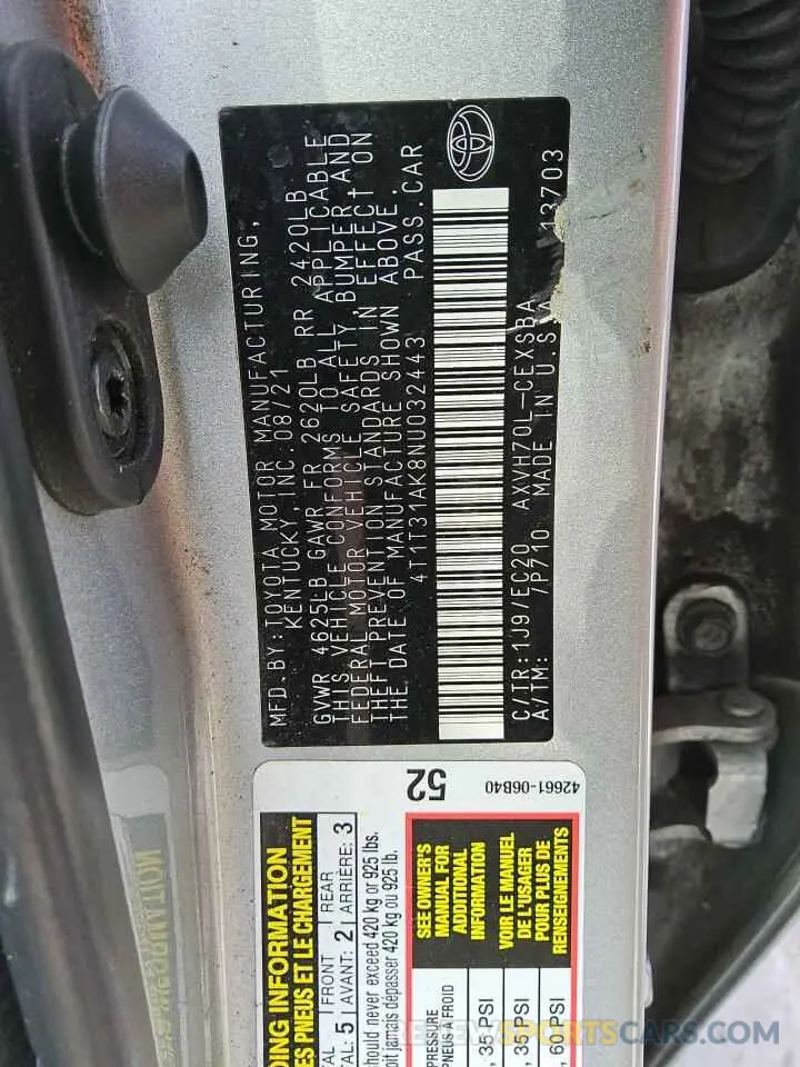 12 Photograph of a damaged car 4T1T31AK8NU032443 TOYOTA CAMRY 2022