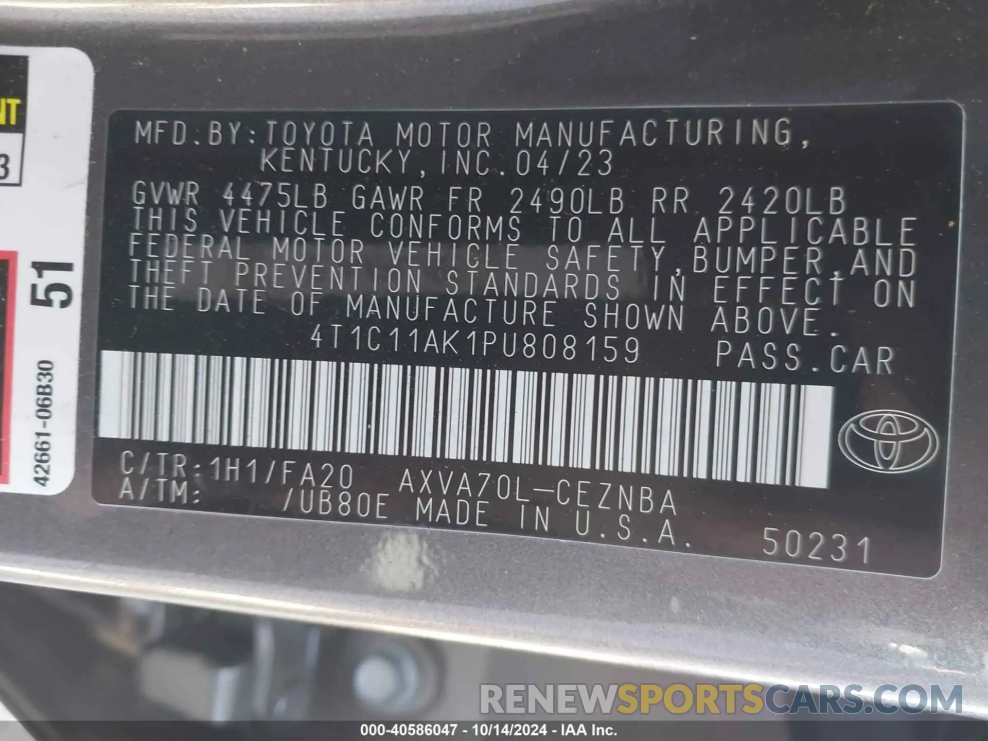 9 Photograph of a damaged car 4T1C11AK1PU808159 TOYOTA CAMRY 2023