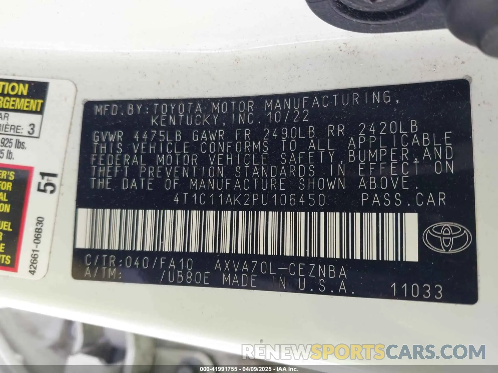 9 Photograph of a damaged car 4T1C11AK2PU106450 TOYOTA CAMRY 2023