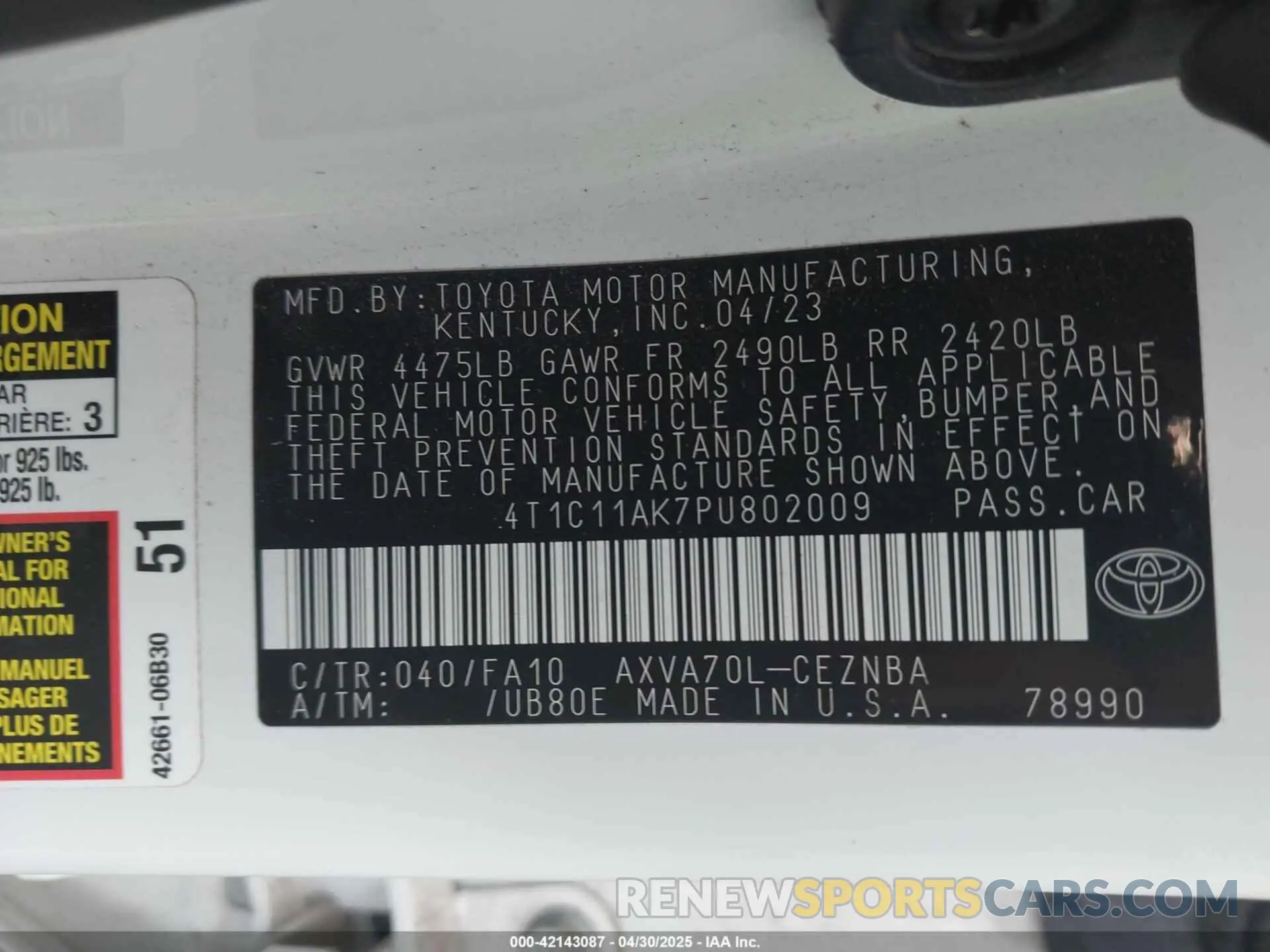 9 Photograph of a damaged car 4T1C11AK7PU802009 TOYOTA CAMRY 2023