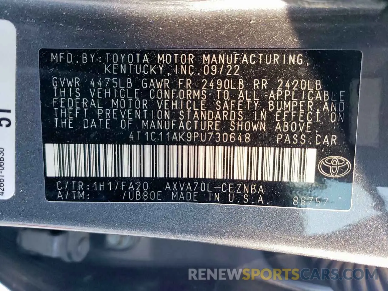 12 Photograph of a damaged car 4T1C11AK9PU730648 TOYOTA CAMRY 2023