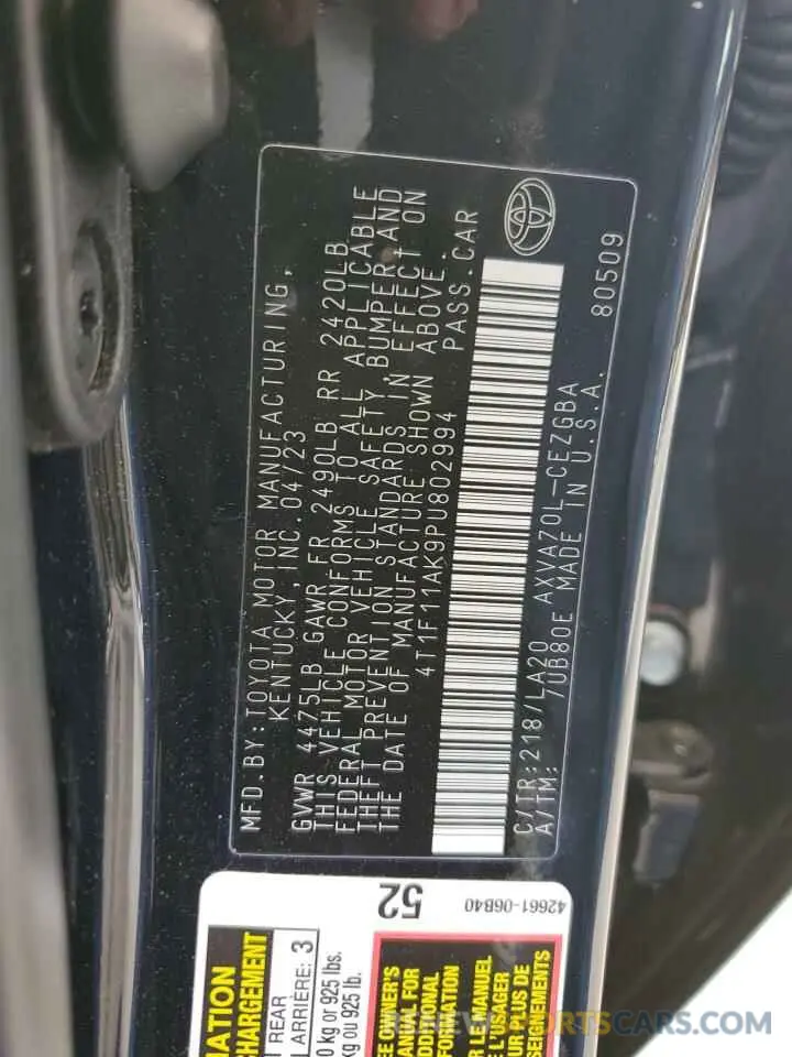 12 Photograph of a damaged car 4T1F11AK9PU802994 TOYOTA CAMRY 2023