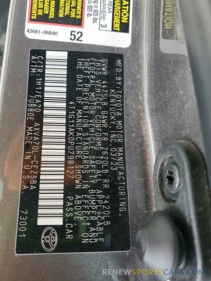 12 Photograph of a damaged car 4T1G11AK0PU798127 TOYOTA CAMRY 2023