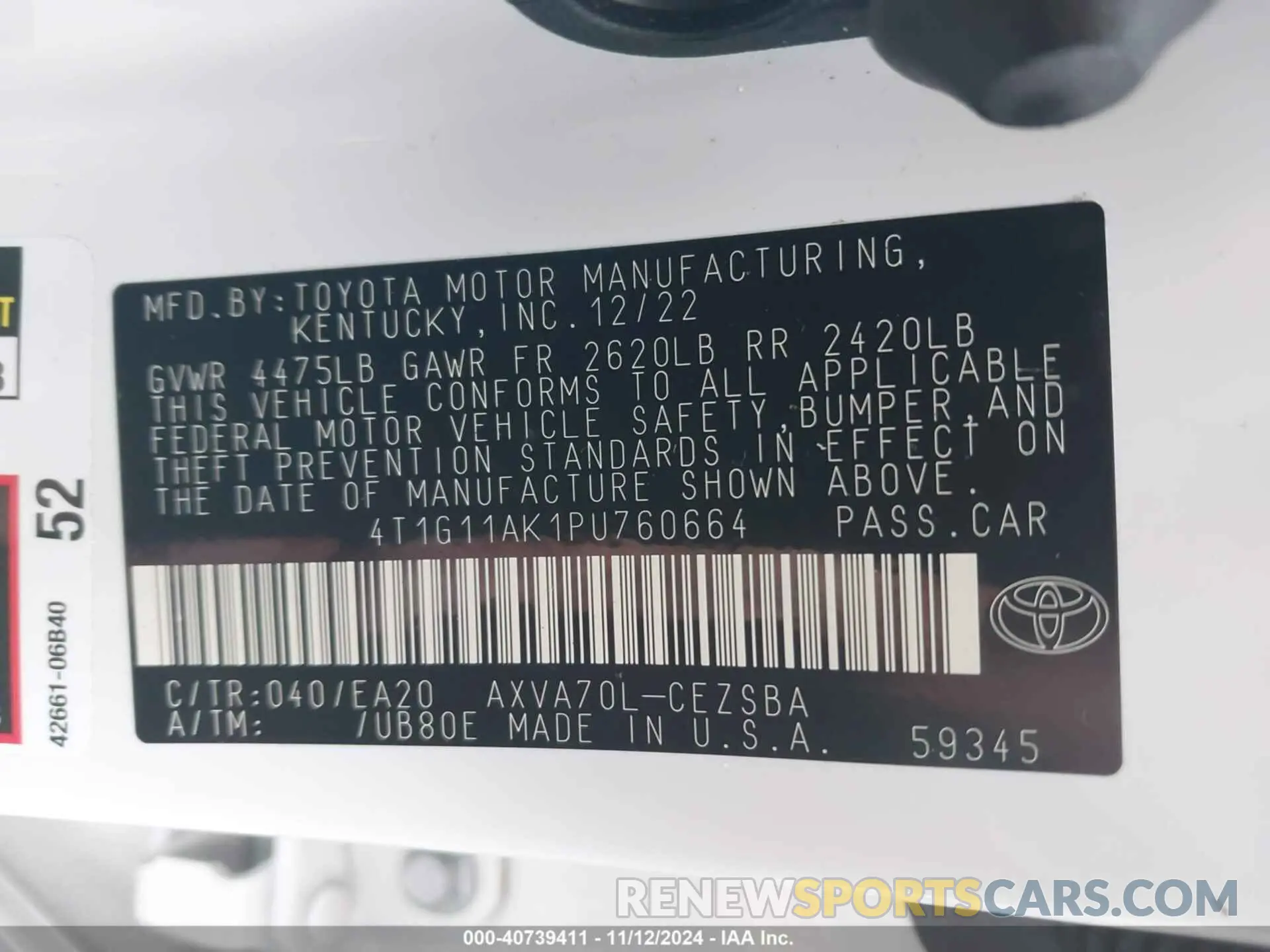 9 Photograph of a damaged car 4T1G11AK1PU760664 TOYOTA CAMRY 2023