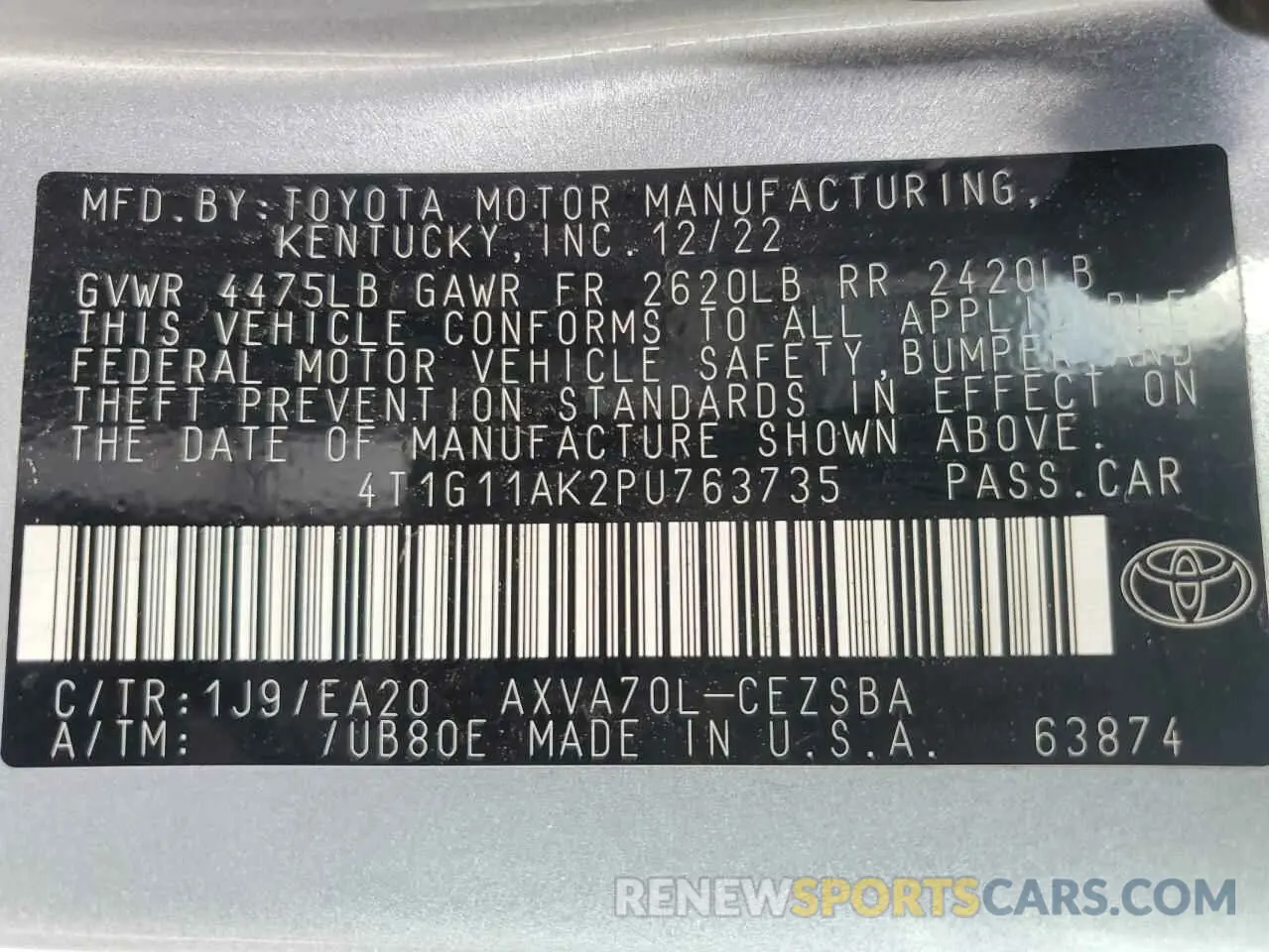12 Photograph of a damaged car 4T1G11AK2PU763735 TOYOTA CAMRY 2023