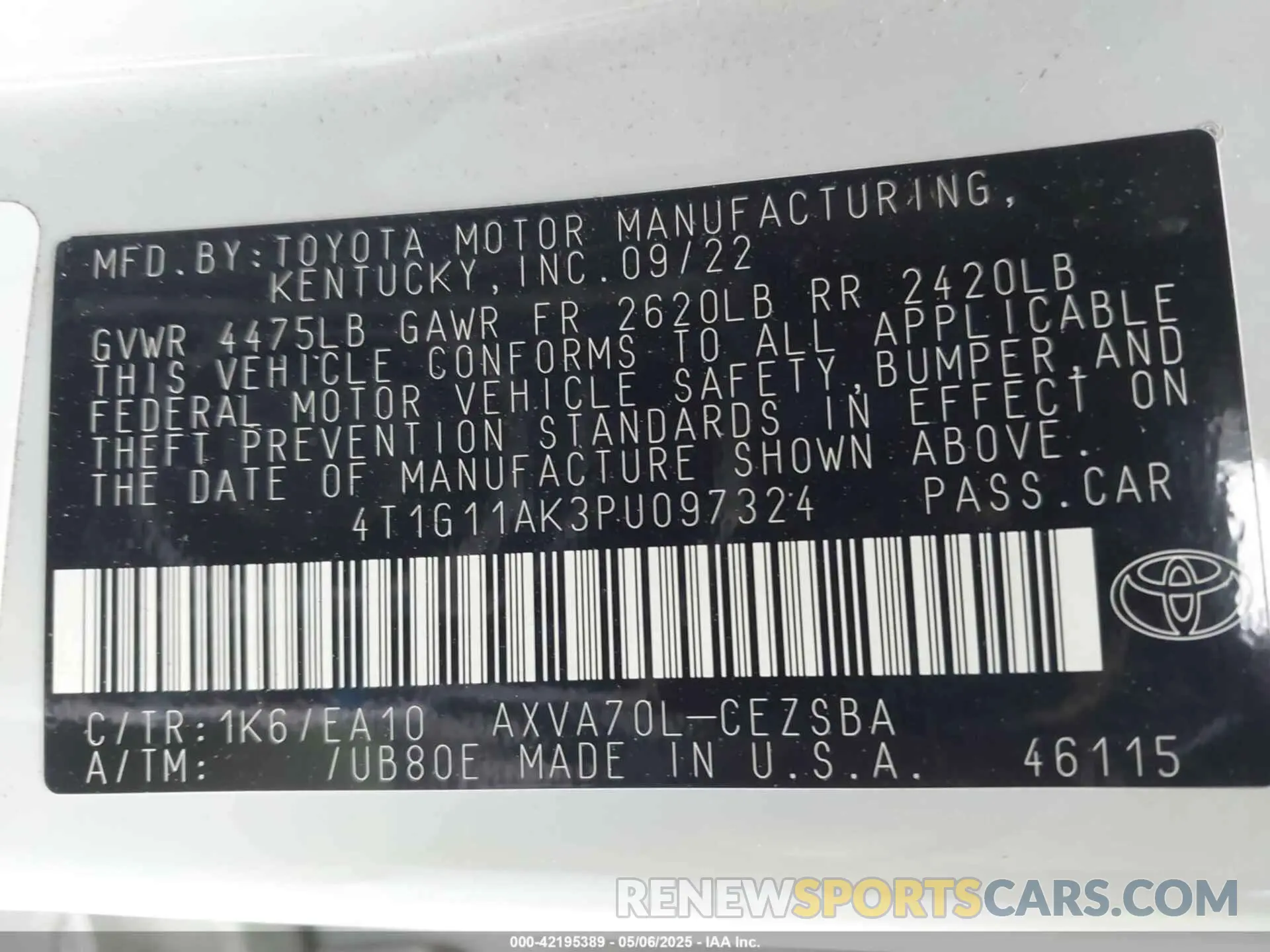 9 Photograph of a damaged car 4T1G11AK3PU097324 TOYOTA CAMRY 2023