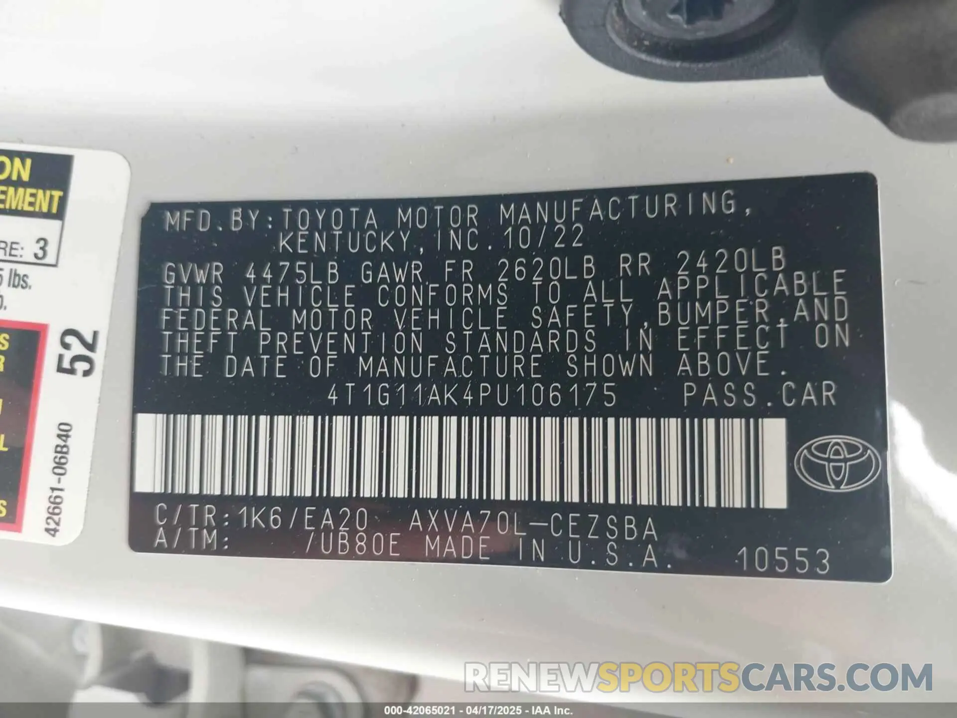 9 Photograph of a damaged car 4T1G11AK4PU106175 TOYOTA CAMRY 2023