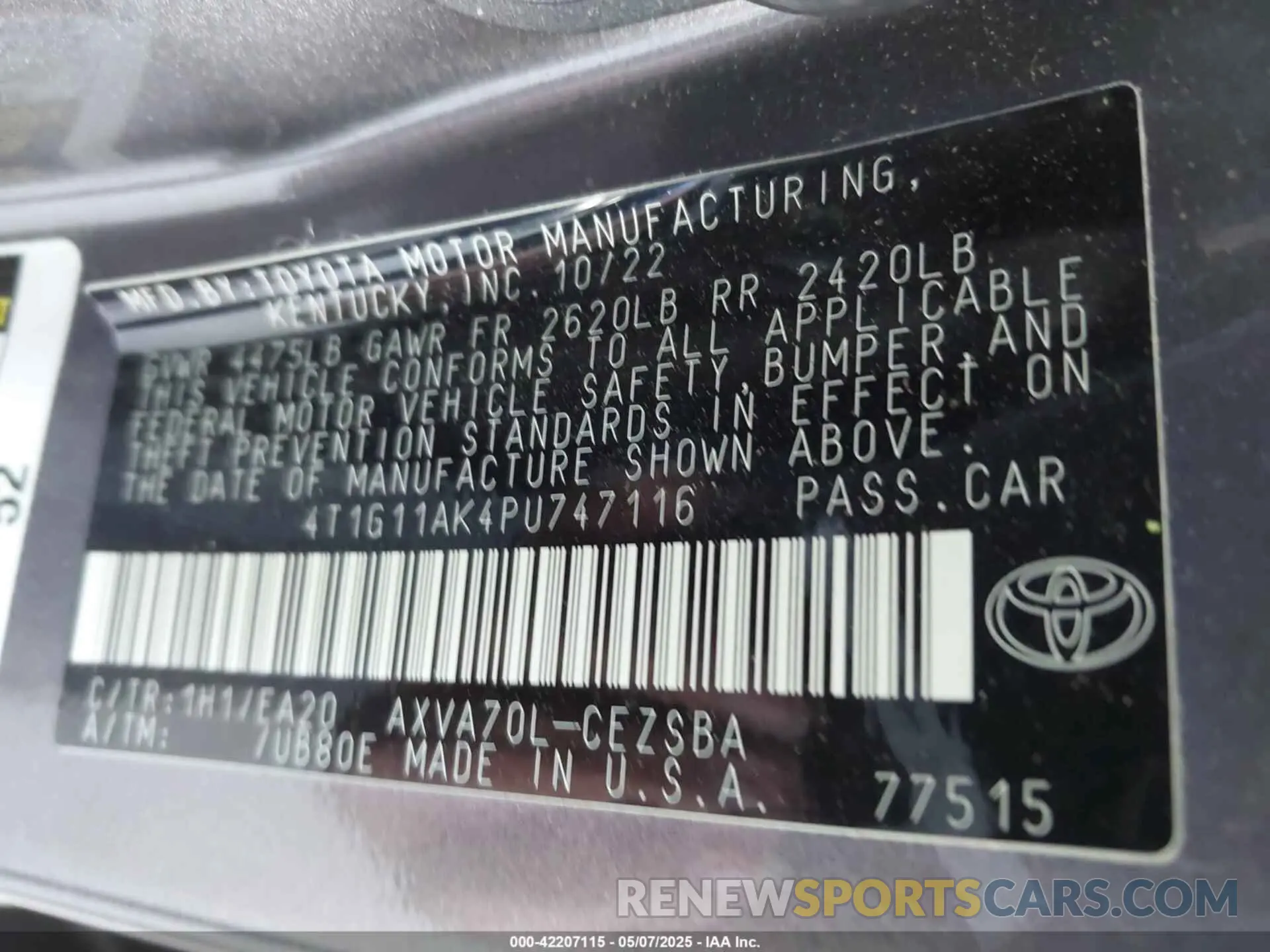 9 Photograph of a damaged car 4T1G11AK4PU747116 TOYOTA CAMRY 2023