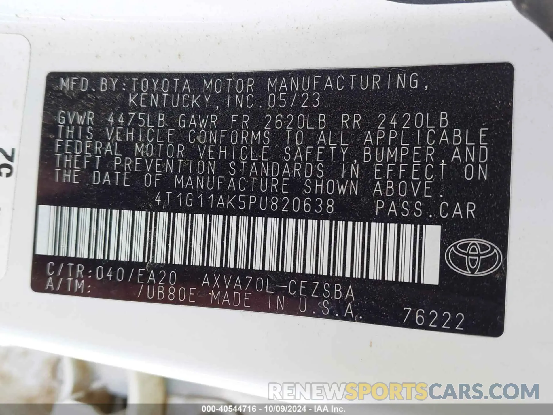 9 Photograph of a damaged car 4T1G11AK5PU820638 TOYOTA CAMRY 2023