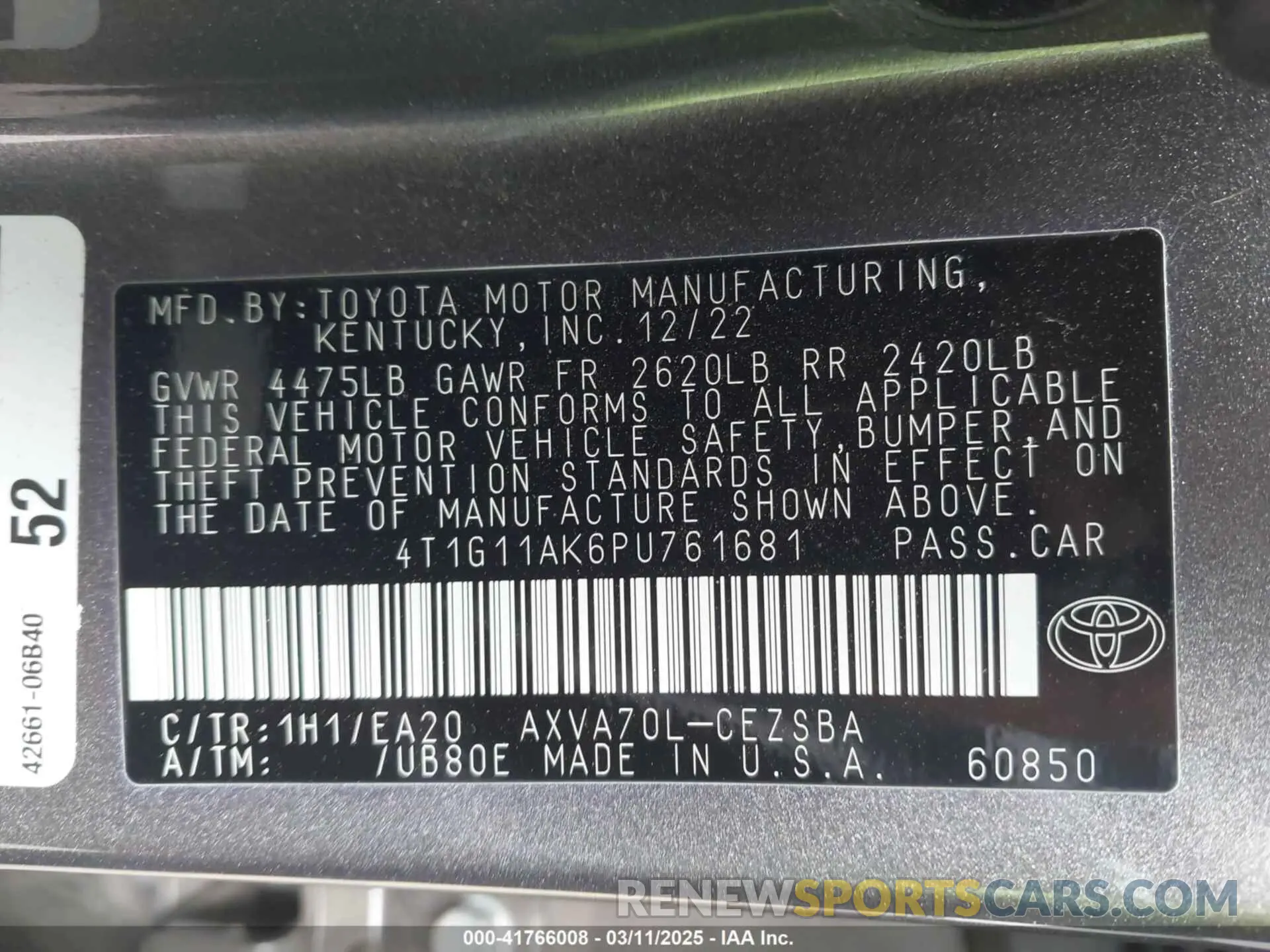 9 Photograph of a damaged car 4T1G11AK6PU761681 TOYOTA CAMRY 2023