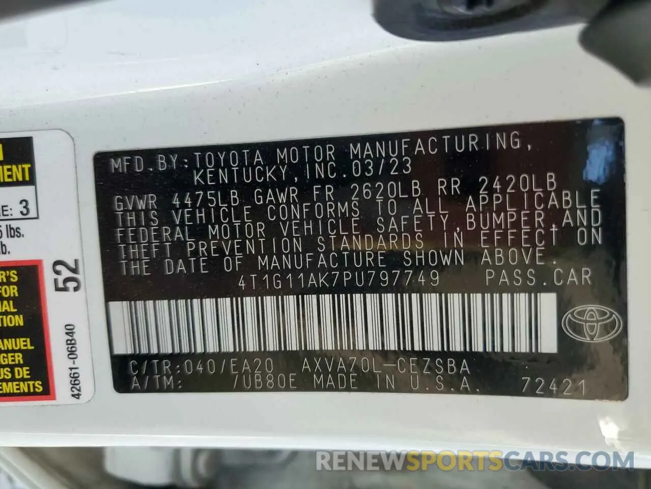 12 Photograph of a damaged car 4T1G11AK7PU797749 TOYOTA CAMRY 2023