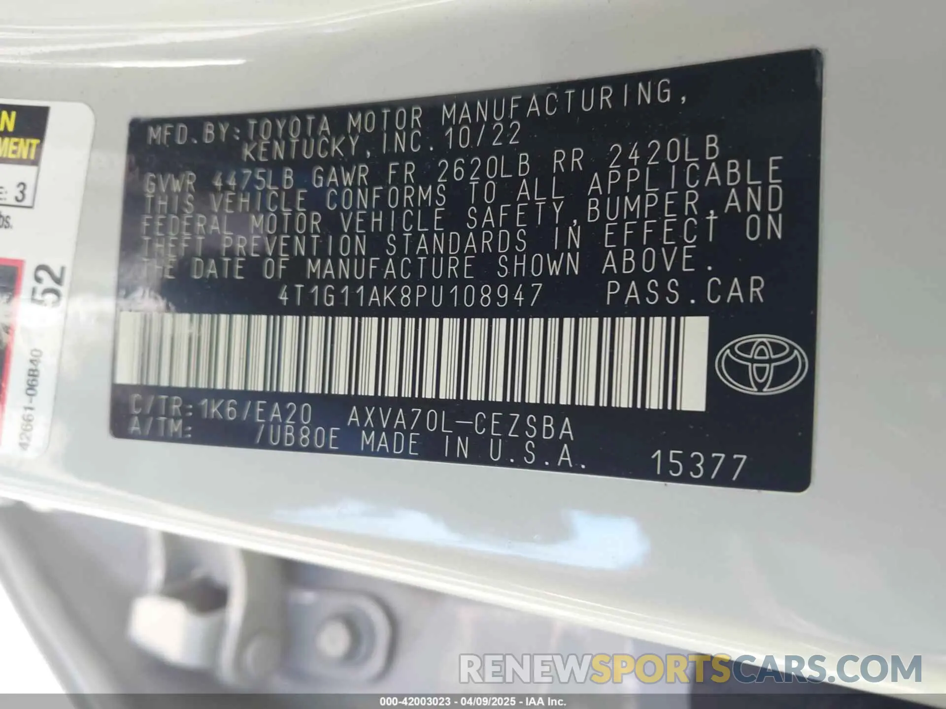 9 Photograph of a damaged car 4T1G11AK8PU108947 TOYOTA CAMRY 2023