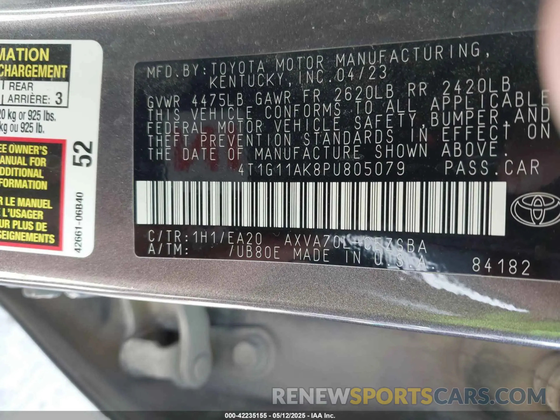 9 Photograph of a damaged car 4T1G11AK8PU805079 TOYOTA CAMRY 2023