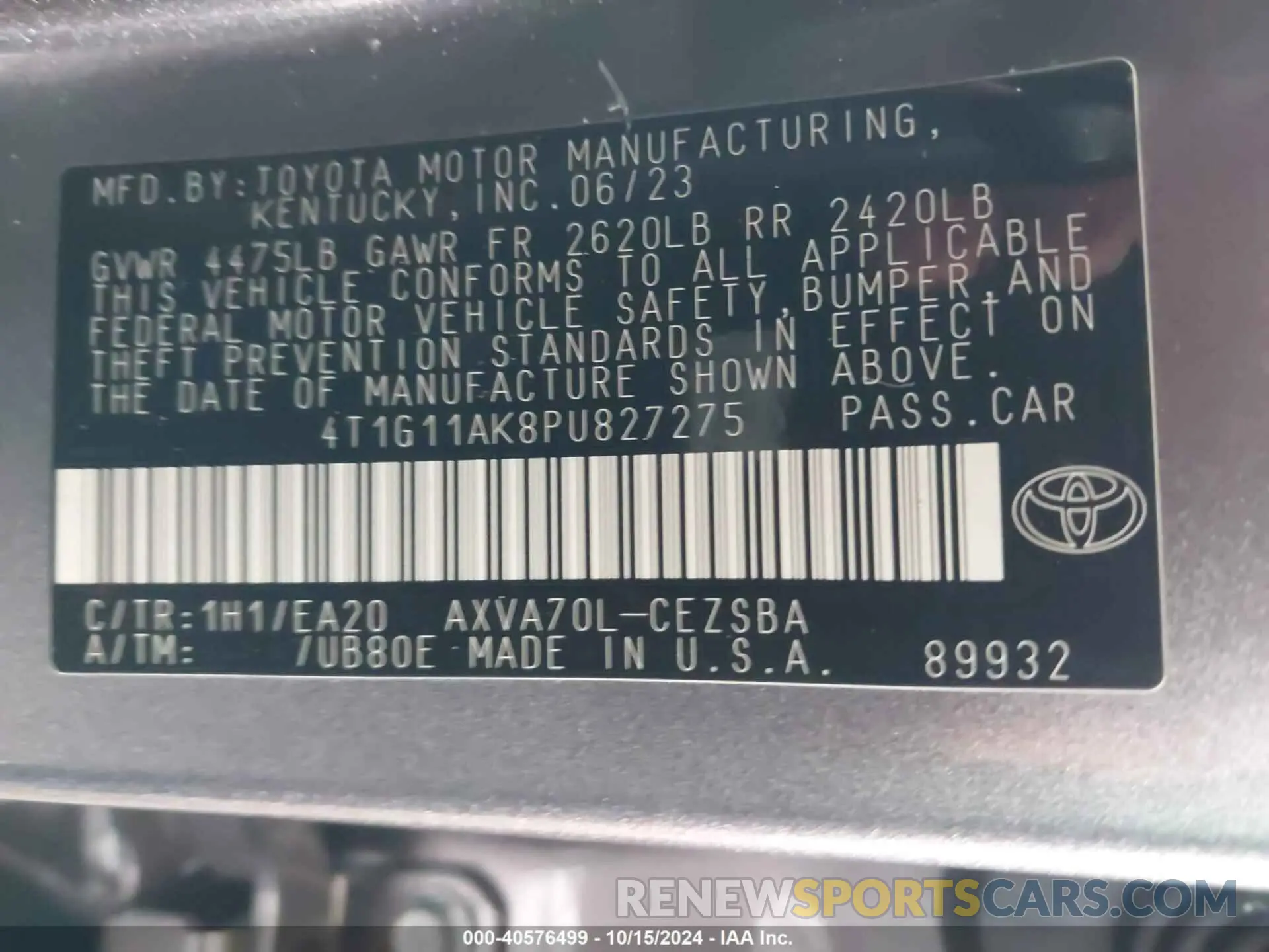 9 Photograph of a damaged car 4T1G11AK8PU827275 TOYOTA CAMRY 2023