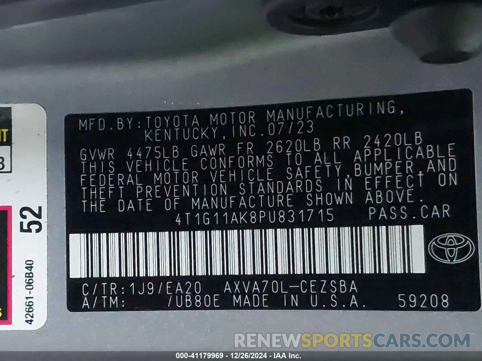 9 Photograph of a damaged car 4T1G11AK8PU831715 TOYOTA CAMRY 2023