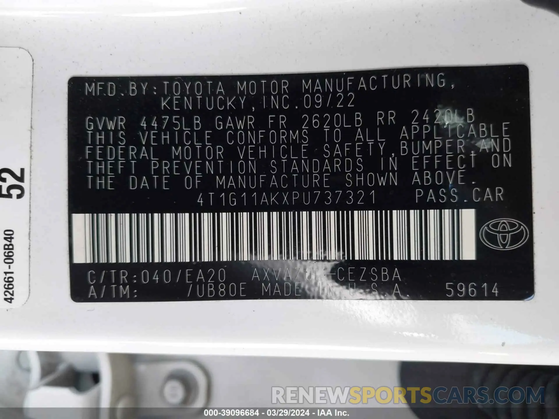 9 Photograph of a damaged car 4T1G11AKXPU737321 TOYOTA CAMRY 2023