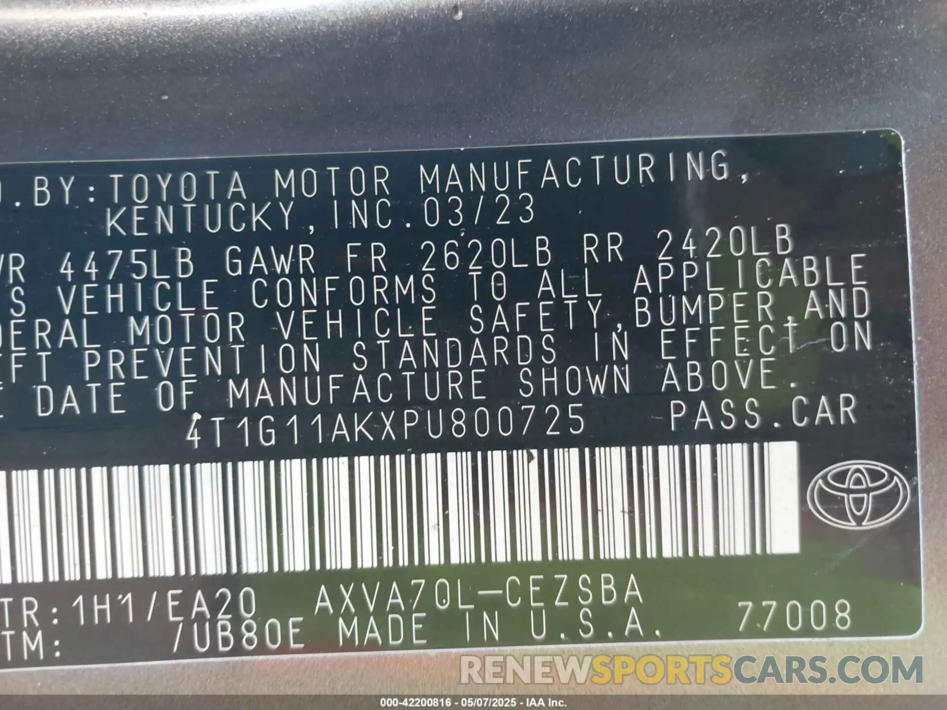 9 Photograph of a damaged car 4T1G11AKXPU800725 TOYOTA CAMRY 2023
