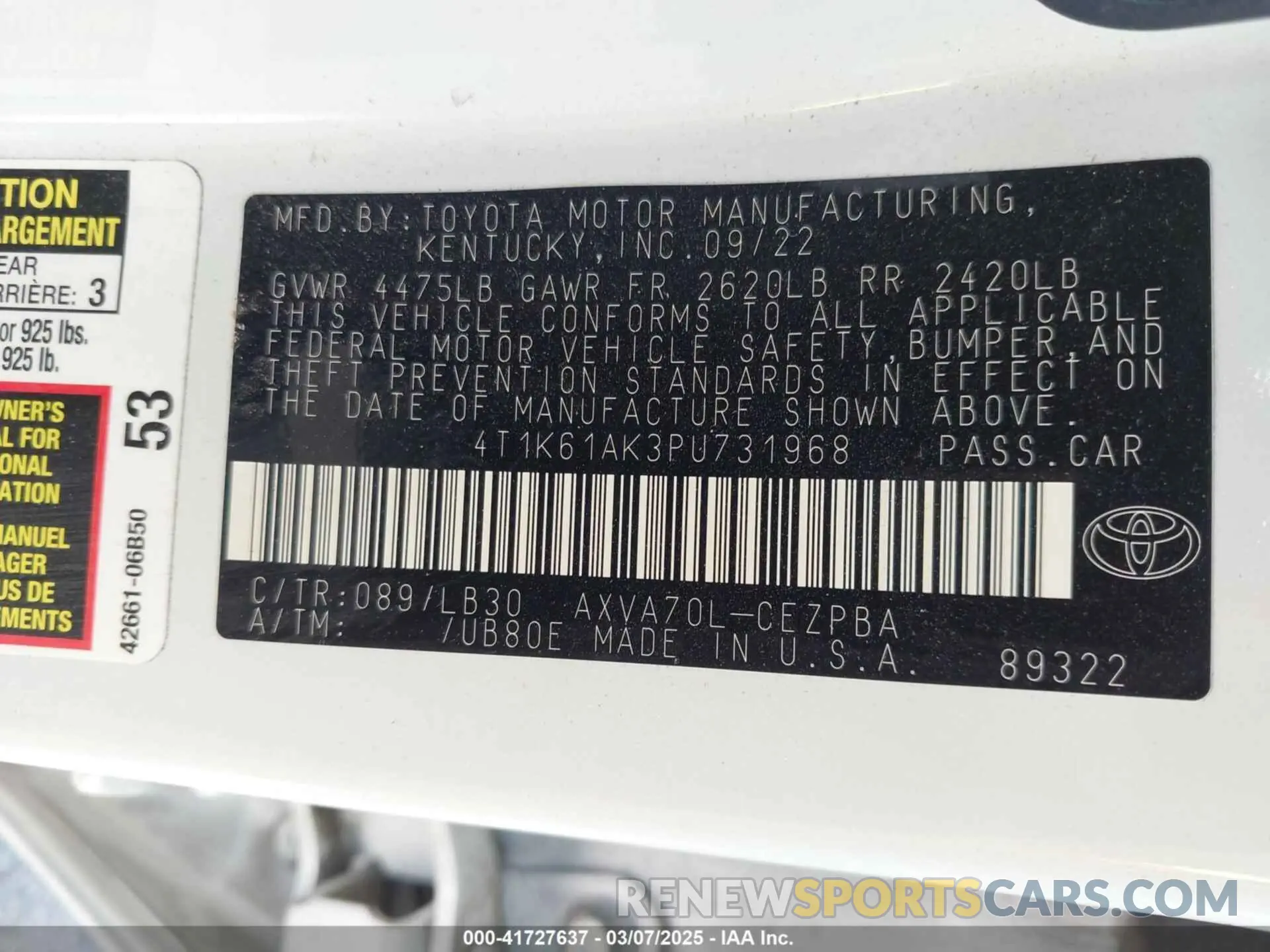 9 Photograph of a damaged car 4T1K61AK3PU731968 TOYOTA CAMRY 2023