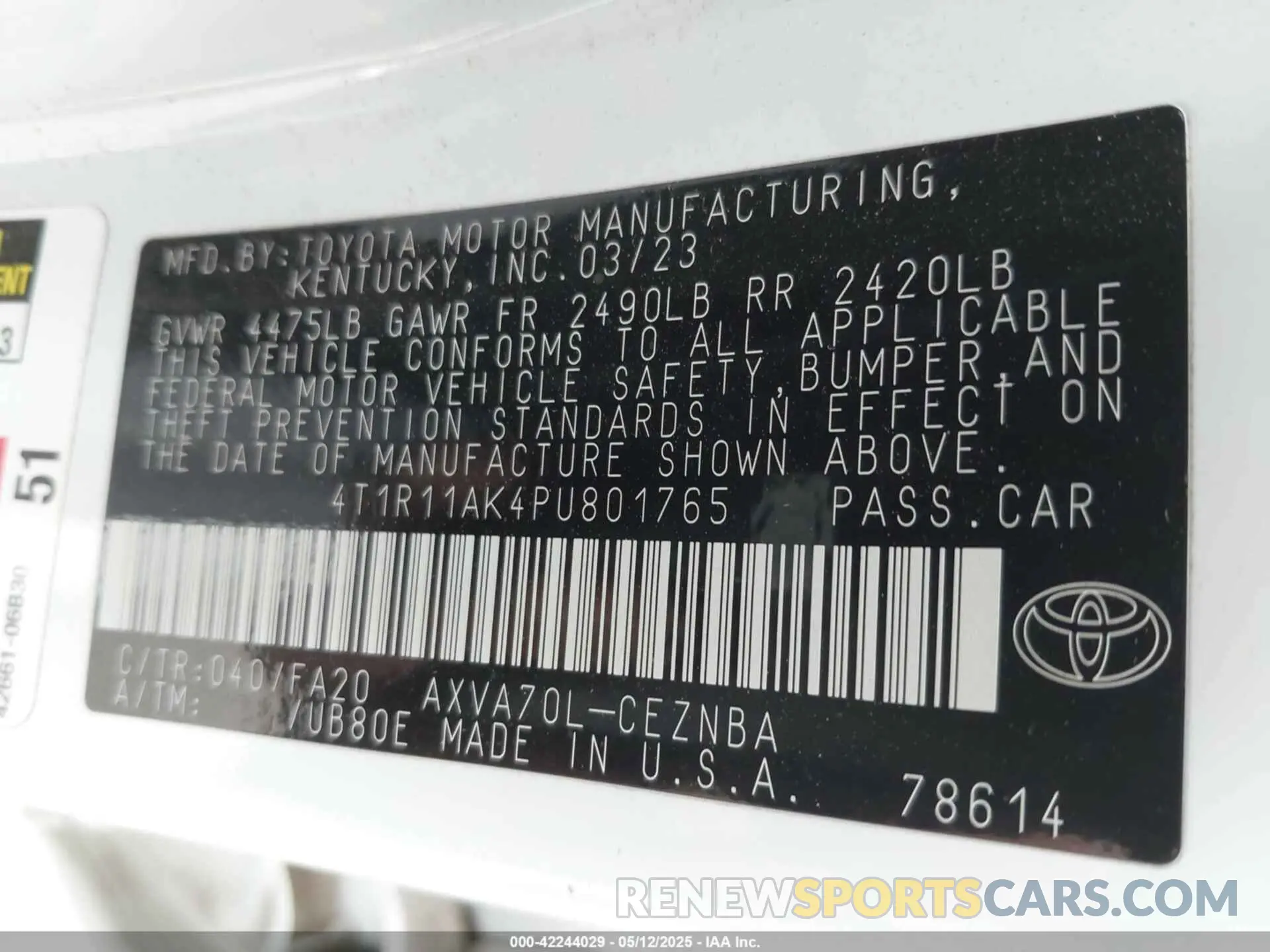 9 Photograph of a damaged car 4T1R11AK4PU801765 TOYOTA CAMRY 2023