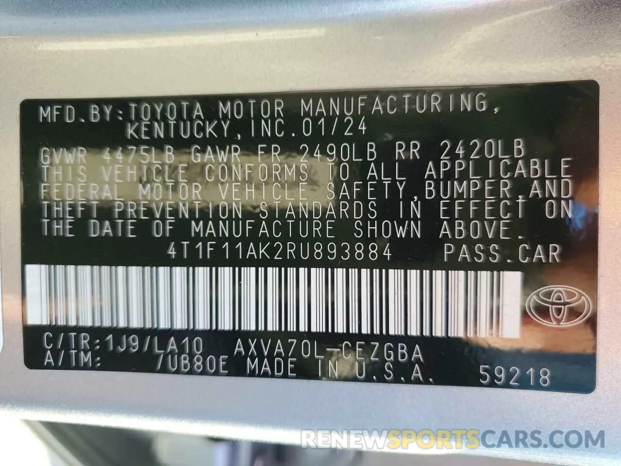 13 Photograph of a damaged car 4T1F11AK2RU893884 TOYOTA CAMRY 2024