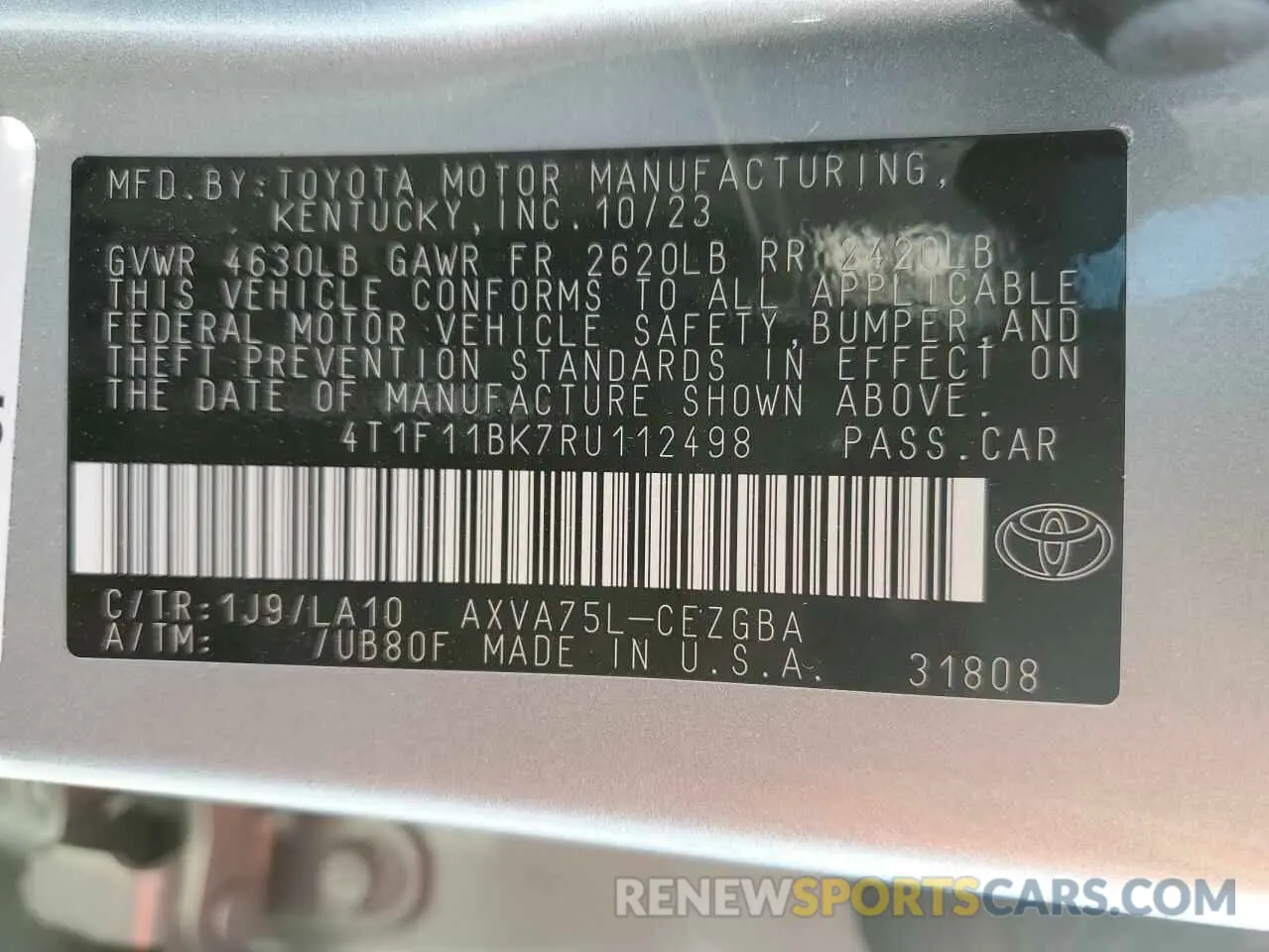 13 Photograph of a damaged car 4T1F11BK7RU112498 TOYOTA CAMRY 2024