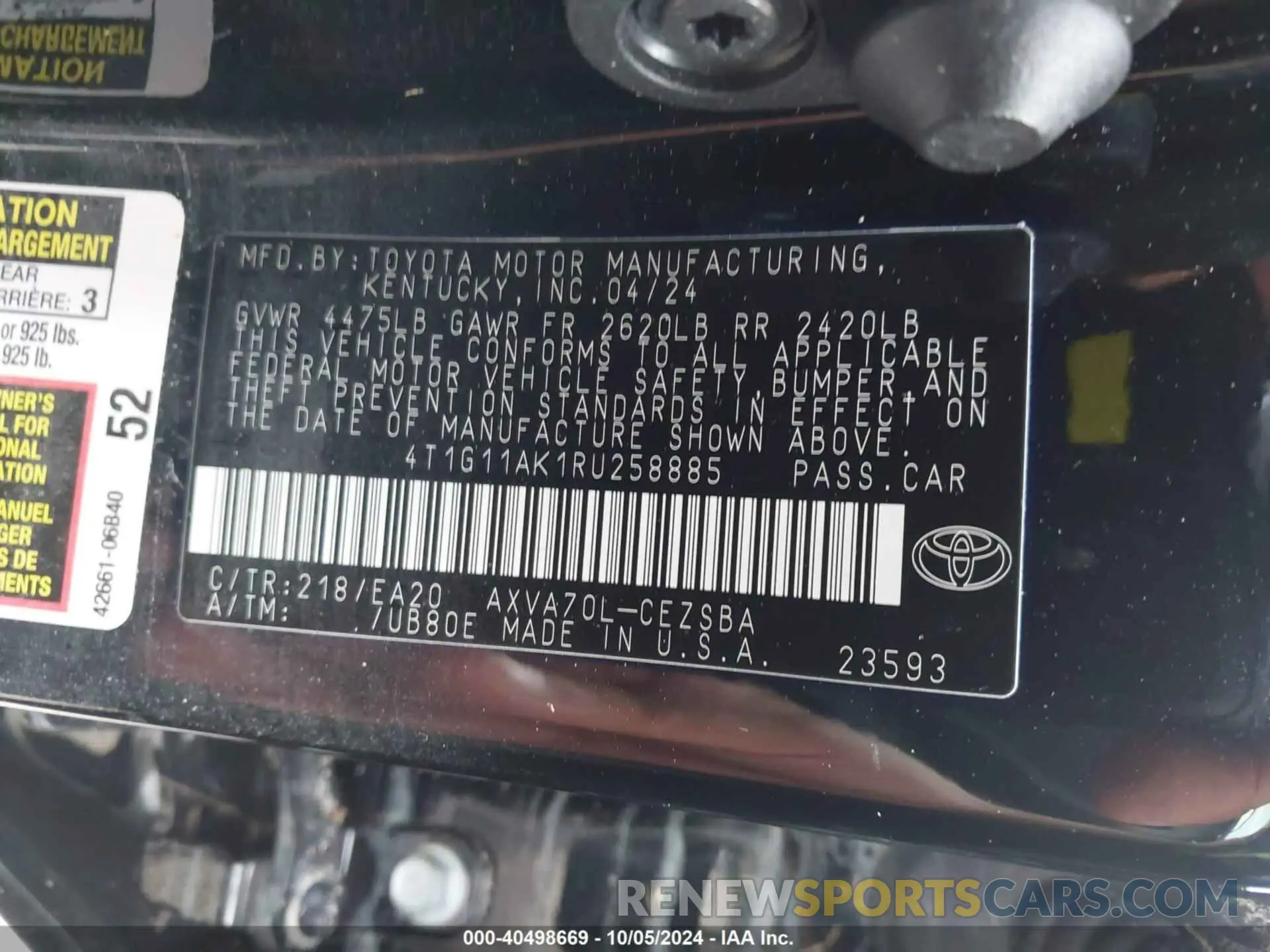 9 Photograph of a damaged car 4T1G11AK1RU258885 TOYOTA CAMRY 2024