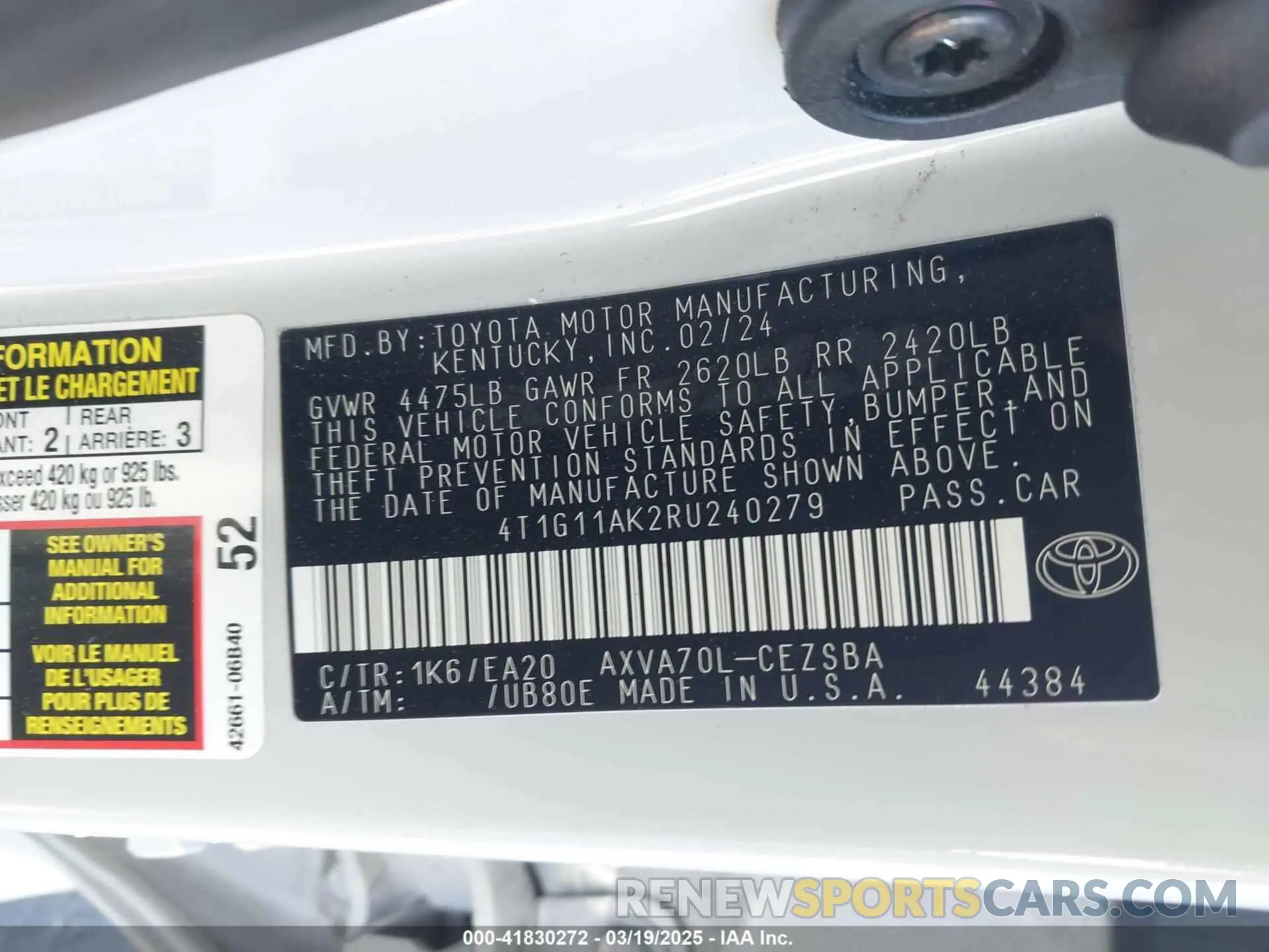 9 Photograph of a damaged car 4T1G11AK2RU240279 TOYOTA CAMRY 2024