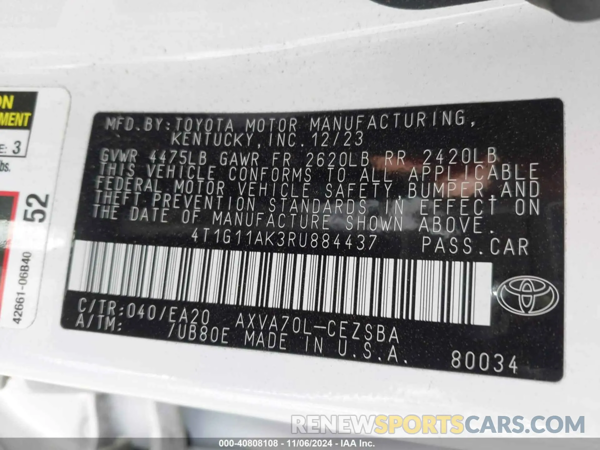 9 Photograph of a damaged car 4T1G11AK3RU884437 TOYOTA CAMRY 2024