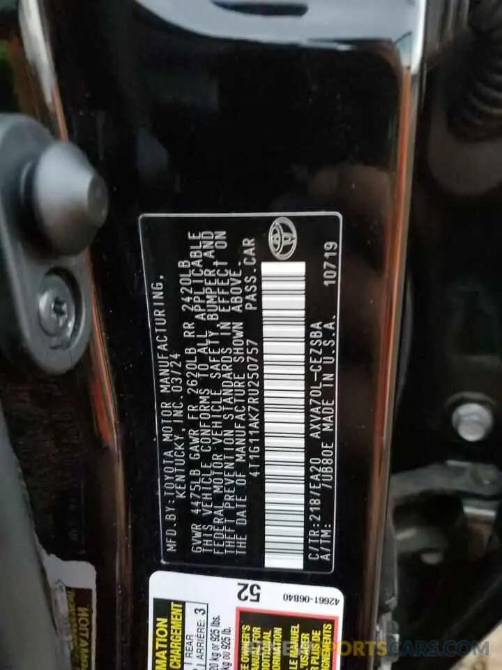 12 Photograph of a damaged car 4T1G11AK7RU250757 TOYOTA CAMRY 2024