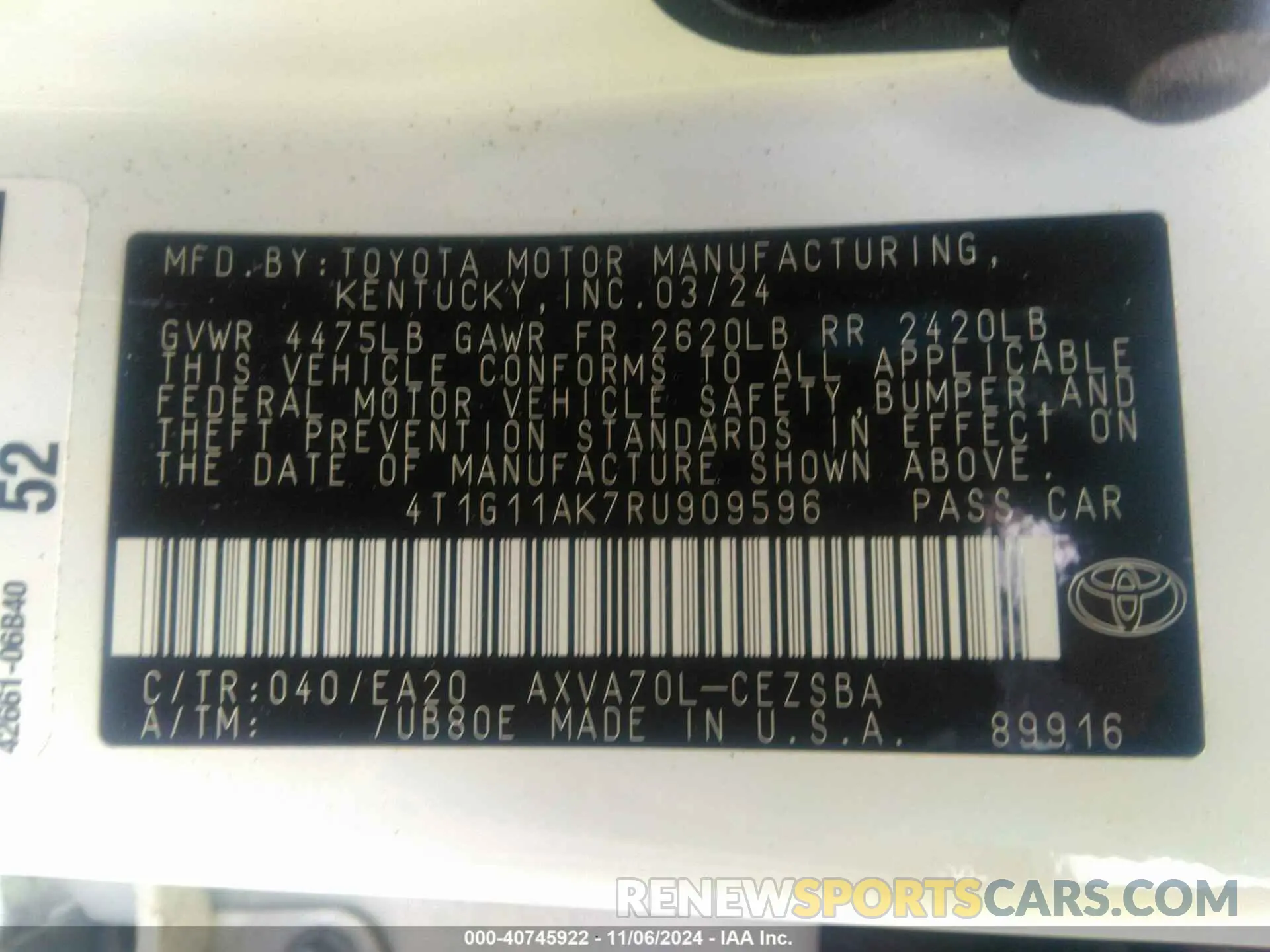 9 Photograph of a damaged car 4T1G11AK7RU909596 TOYOTA CAMRY 2024