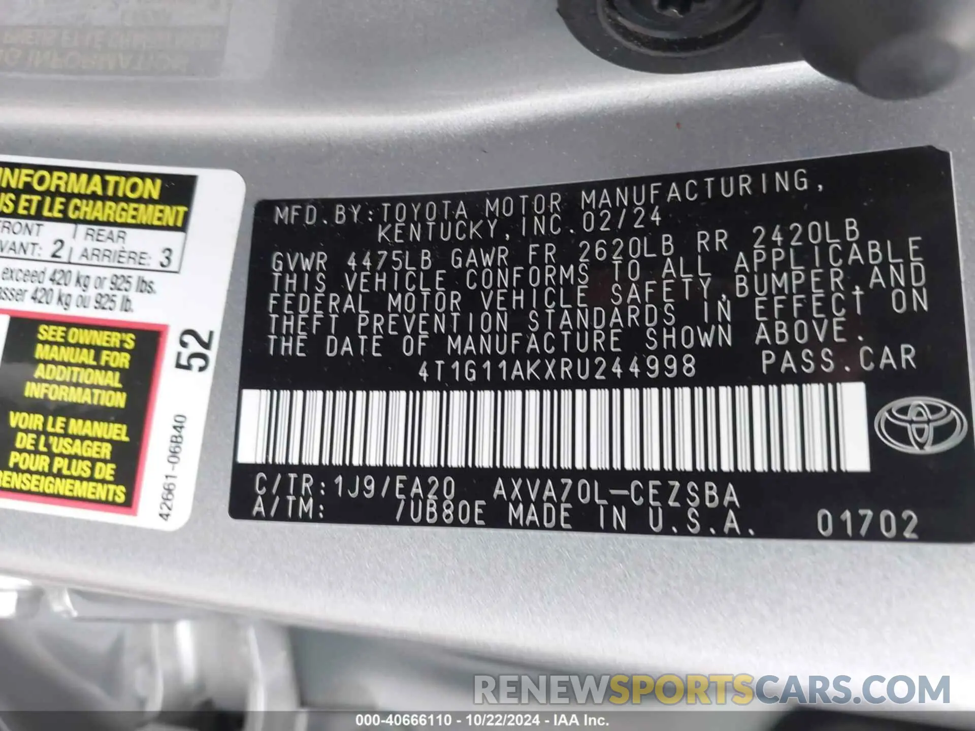 9 Photograph of a damaged car 4T1G11AKXRU244998 TOYOTA CAMRY 2024